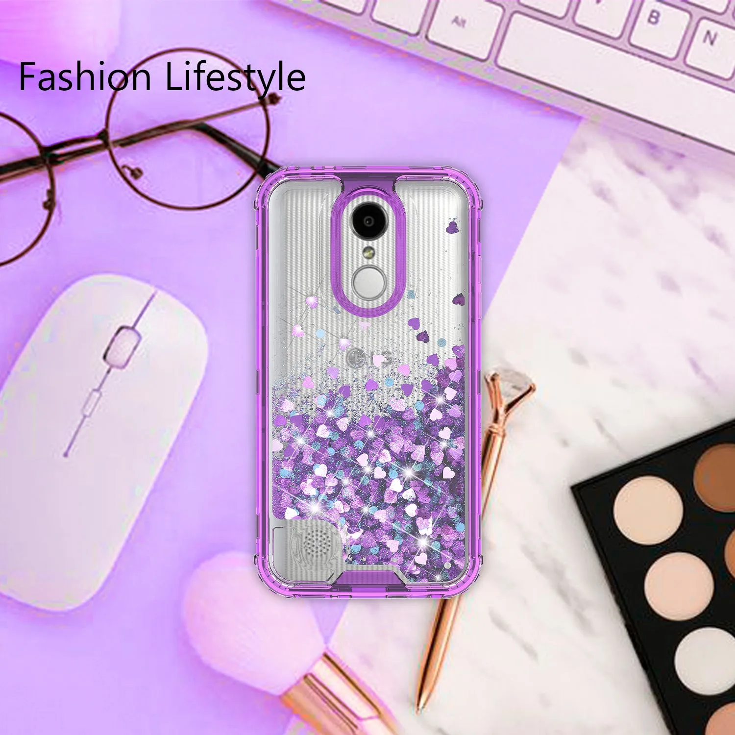 LG Aristo 3 | Aristo 3 Plus | Tribute Empire | K8S | K8 Plus | Rebel 4 | Zone 4 | Phoenix 4 Case, Hard Clear Glitter Sparkle Liquid Heavy Duty Shockproof Triple Layer Protective Bling Girls Women Case Cover - Purple