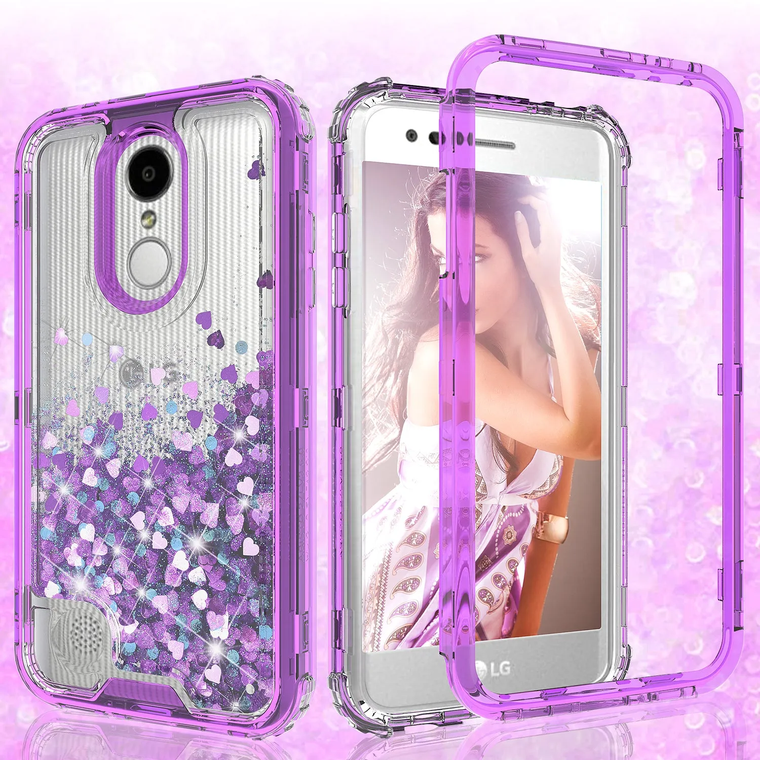 LG Aristo 3 | Aristo 3 Plus | Tribute Empire | K8S | K8 Plus | Rebel 4 | Zone 4 | Phoenix 4 Case, Hard Clear Glitter Sparkle Liquid Heavy Duty Shockproof Triple Layer Protective Bling Girls Women Case Cover - Purple