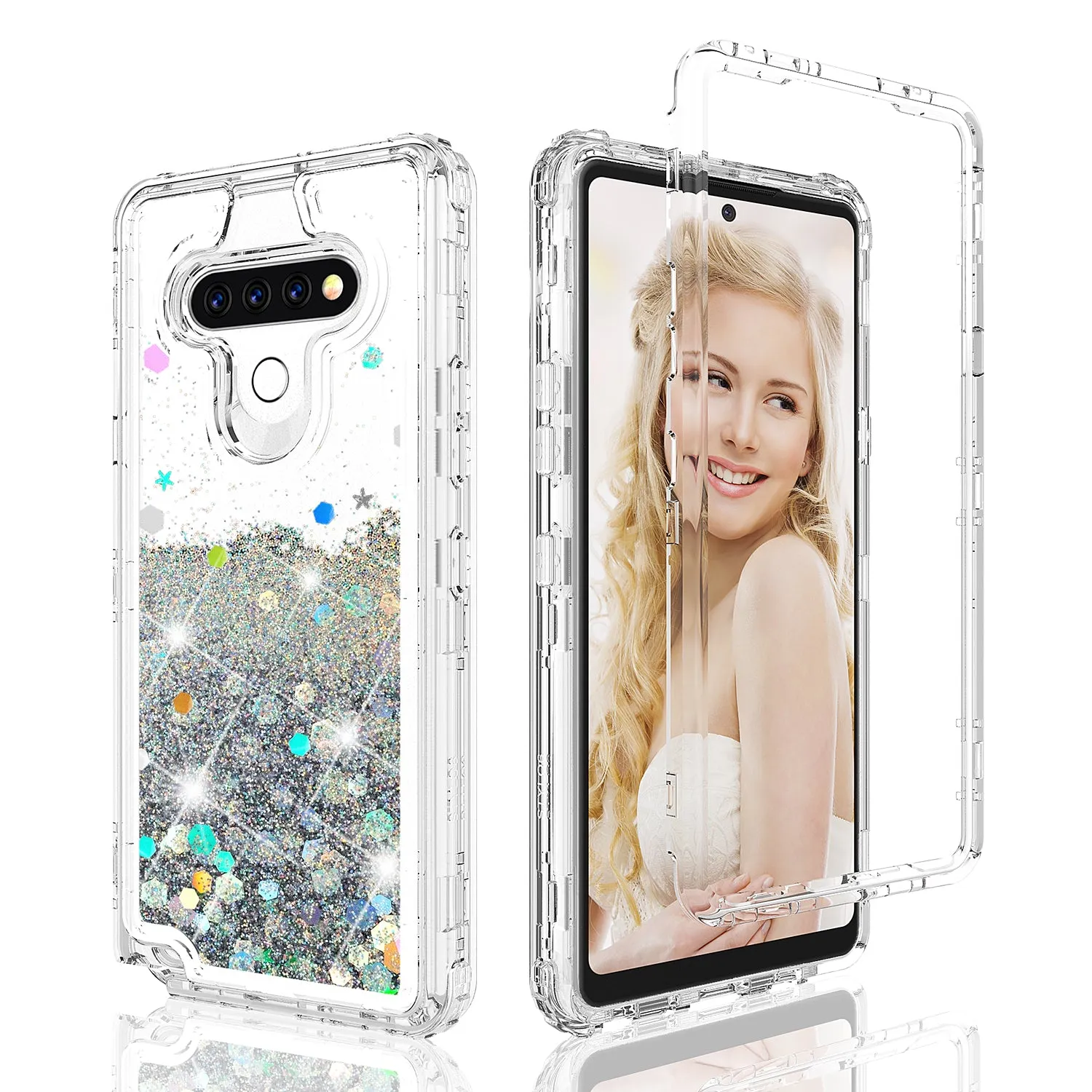 LG Aristo 5 Case,Hard Clear Glitter Sparkle Flowing Liquid Heavy Duty Shockproof Three Layer Protective Bling Girls Women Cases for LG Aristo 5 - Clear