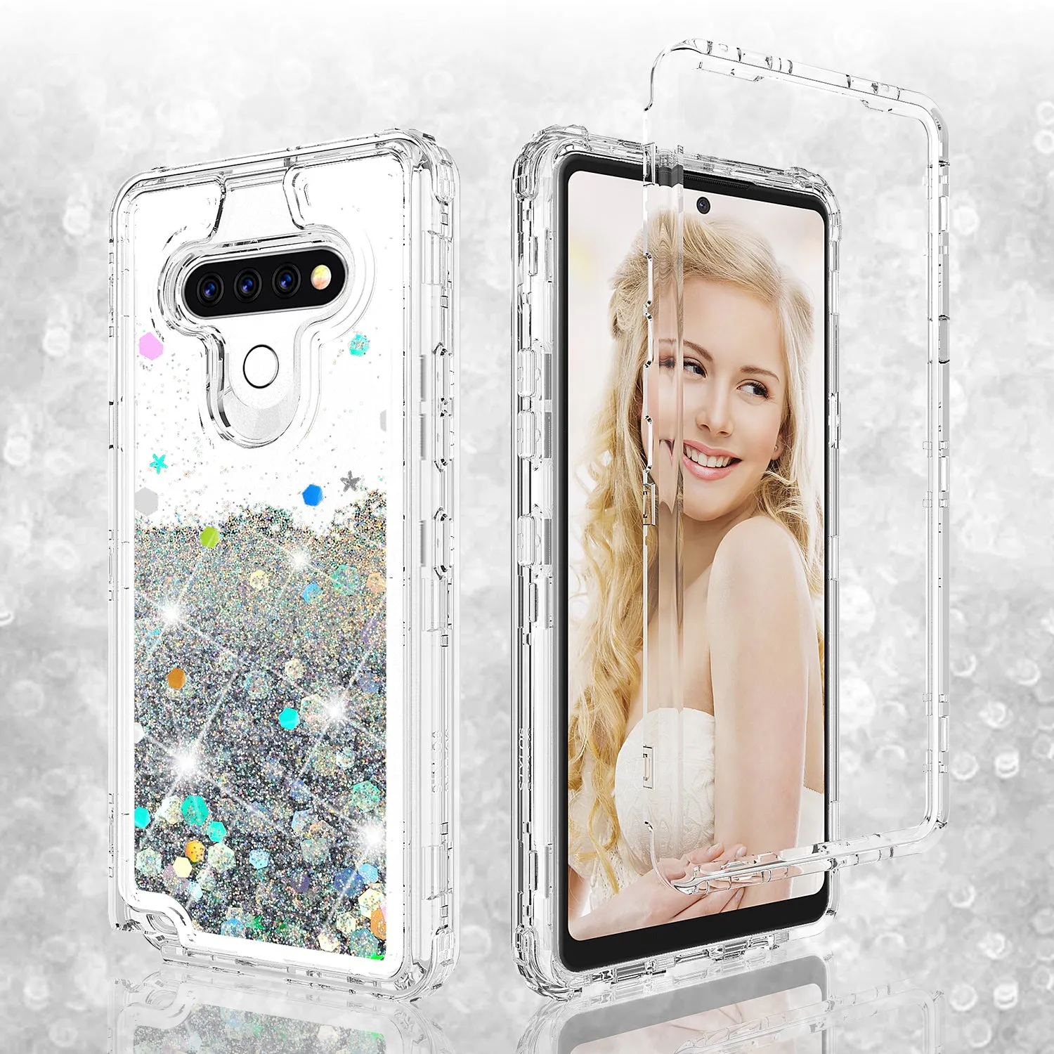 LG Aristo 5 Case,Hard Clear Glitter Sparkle Flowing Liquid Heavy Duty Shockproof Three Layer Protective Bling Girls Women Cases for LG Aristo 5 - Clear