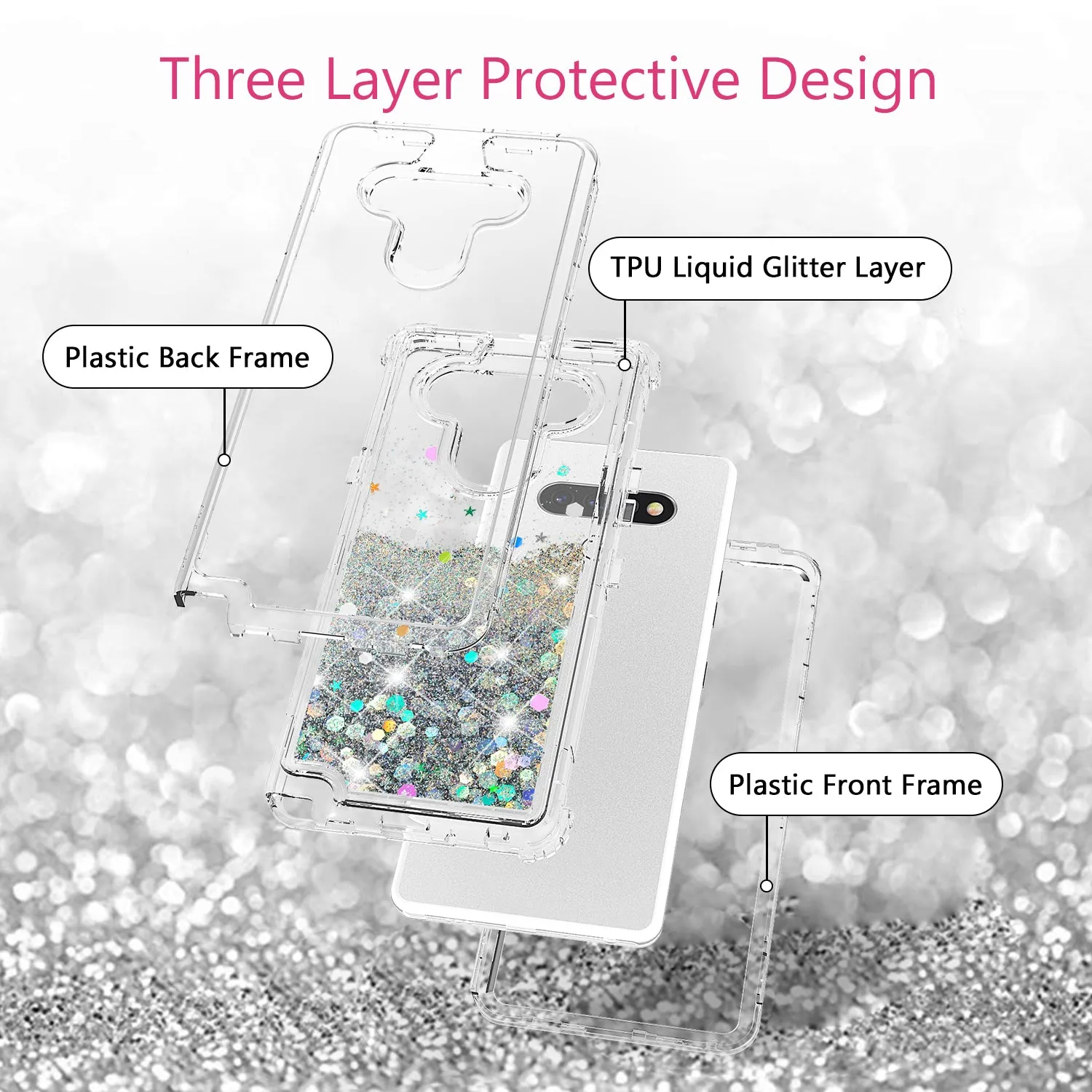 LG Aristo 5 Case,Hard Clear Glitter Sparkle Flowing Liquid Heavy Duty Shockproof Three Layer Protective Bling Girls Women Cases for LG Aristo 5 - Clear