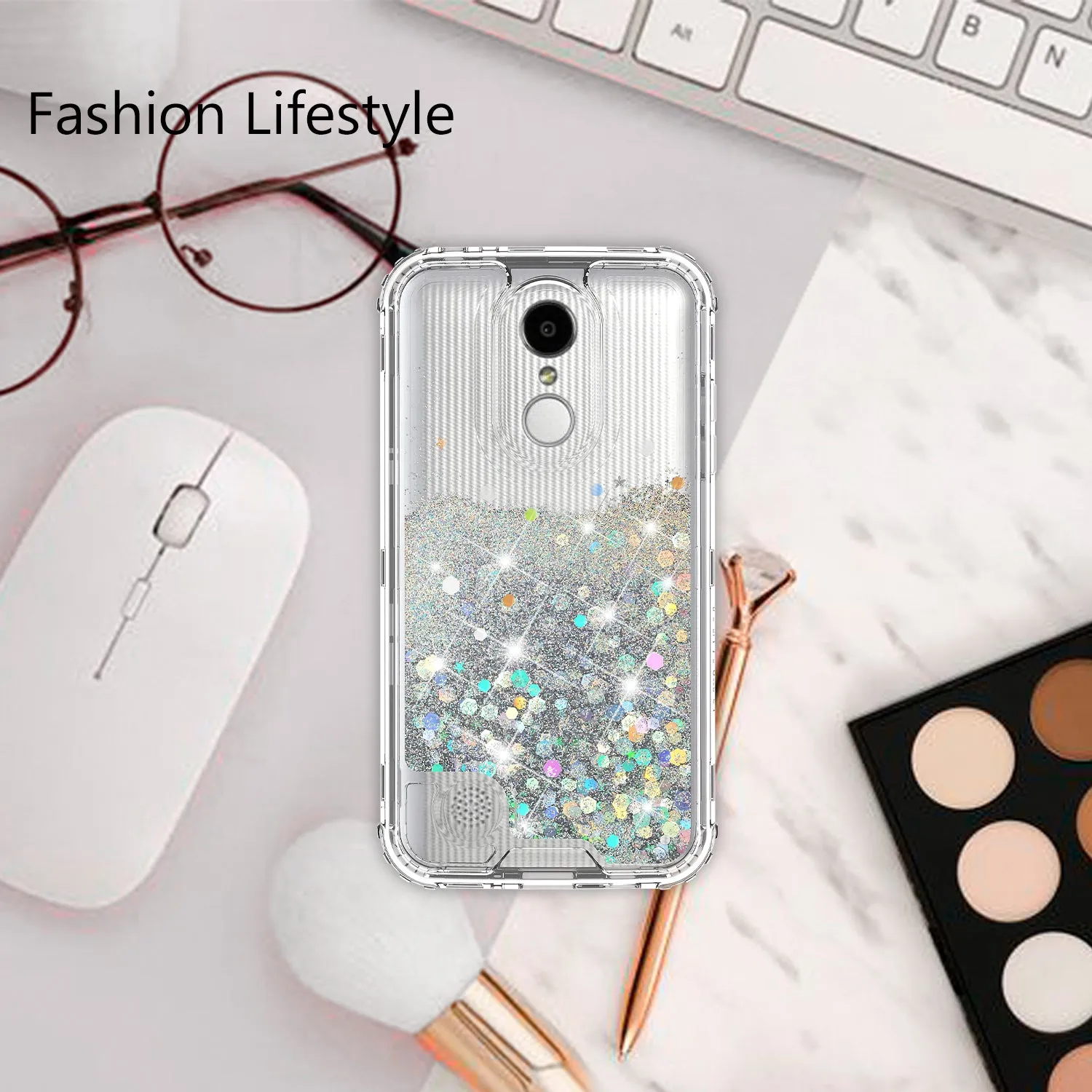 LG Aristo, LG Phoenix 3, LG Fortune, K4 2017, K8 2017, LG Risio Case,Hard Clear Glitter Sparkle Flowing Liquid Heavy Duty Shockproof Three Layer Protective Bling Girls Women Cases for LG Aristo - Clear