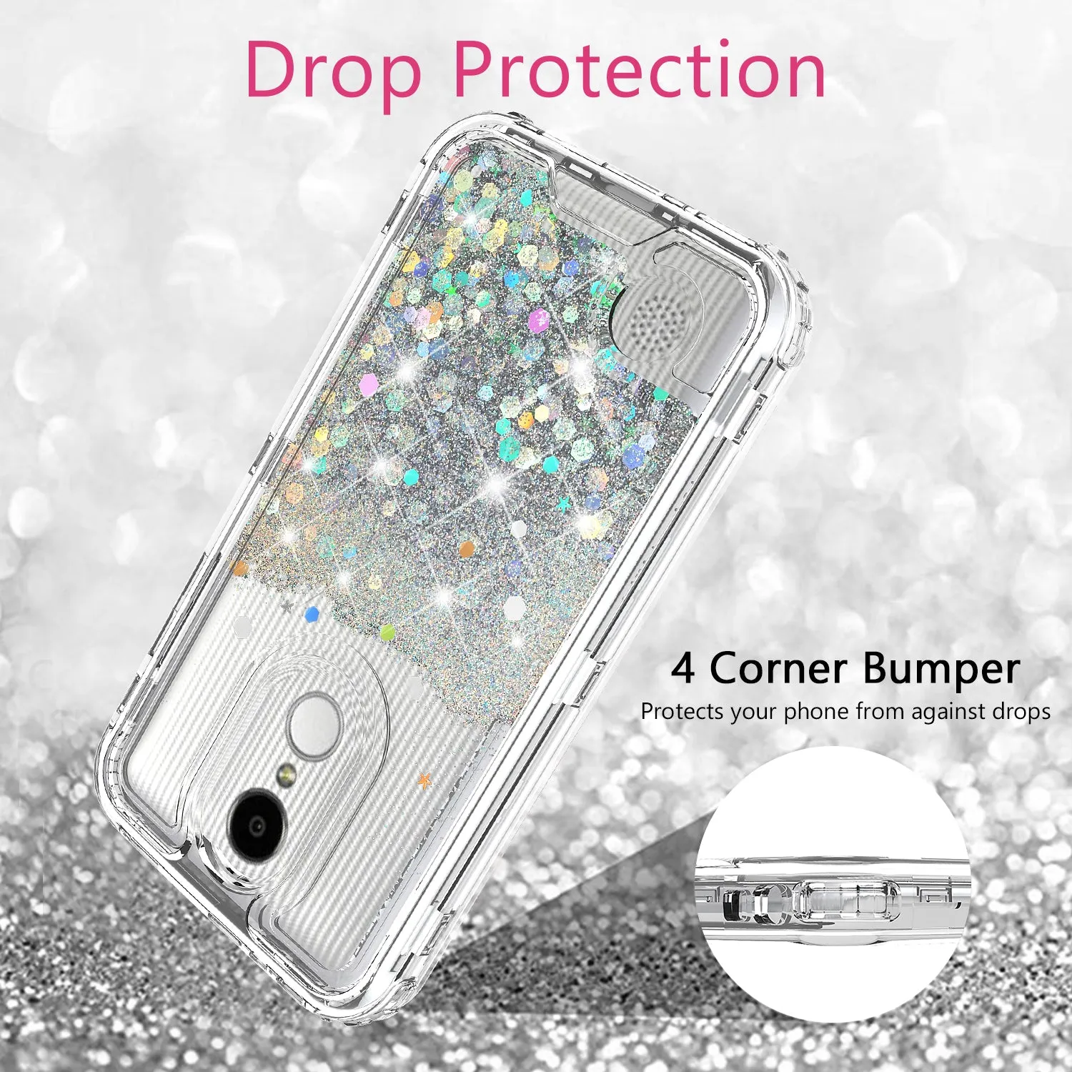 LG Aristo, LG Phoenix 3, LG Fortune, K4 2017, K8 2017, LG Risio Case,Hard Clear Glitter Sparkle Flowing Liquid Heavy Duty Shockproof Three Layer Protective Bling Girls Women Cases for LG Aristo - Clear