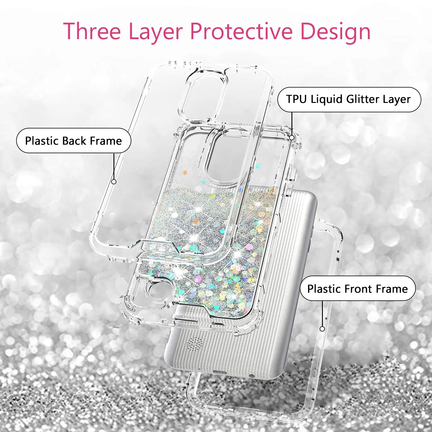 LG Aristo, LG Phoenix 3, LG Fortune, K4 2017, K8 2017, LG Risio Case,Hard Clear Glitter Sparkle Flowing Liquid Heavy Duty Shockproof Three Layer Protective Bling Girls Women Cases for LG Aristo - Clear