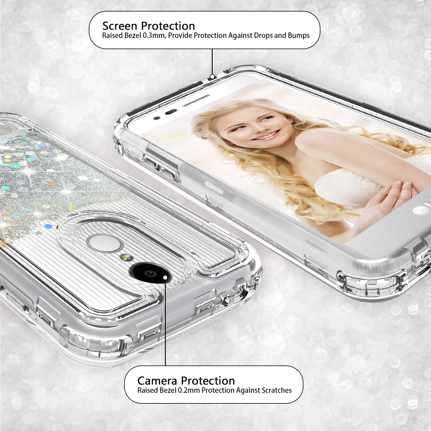 LG Aristo, LG Phoenix 3, LG Fortune, K4 2017, K8 2017, LG Risio Case,Hard Clear Glitter Sparkle Flowing Liquid Heavy Duty Shockproof Three Layer Protective Bling Girls Women Cases for LG Aristo - Clear