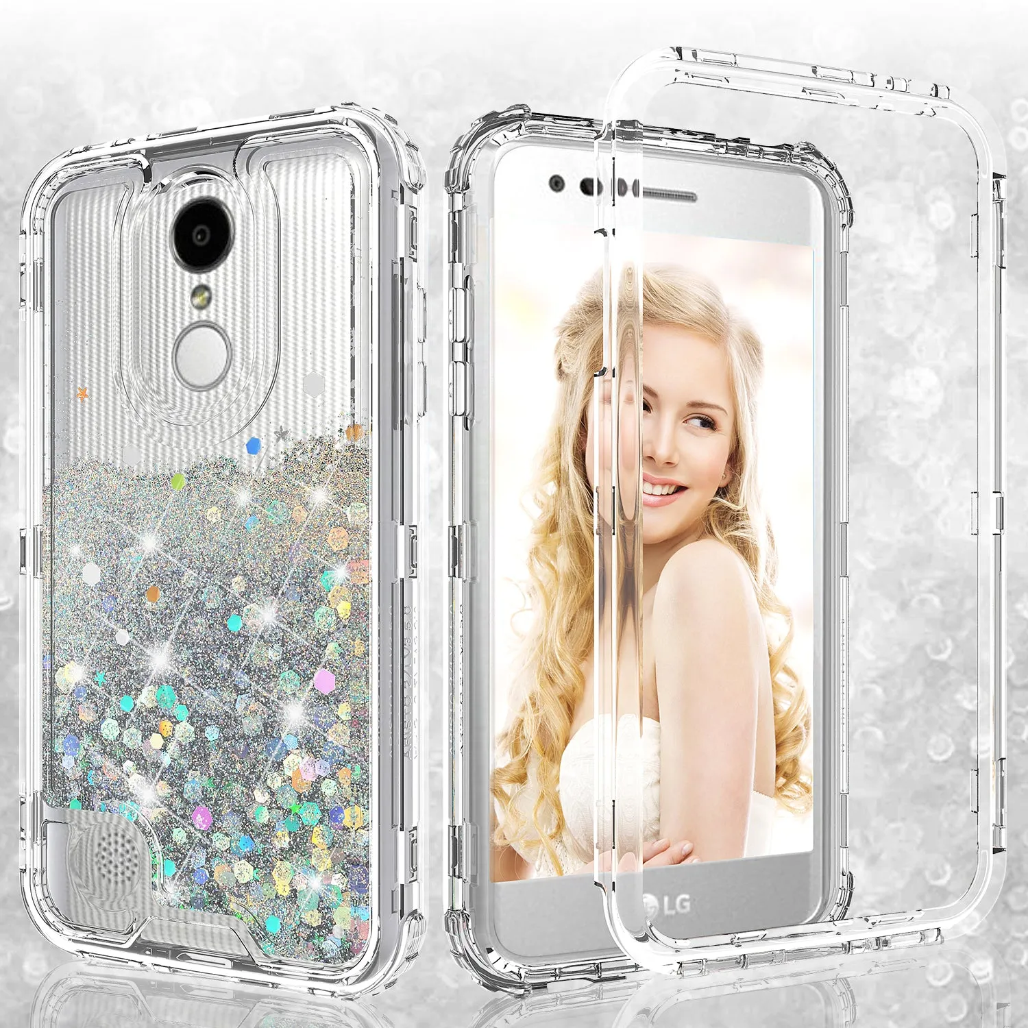 LG Aristo, LG Phoenix 3, LG Fortune, K4 2017, K8 2017, LG Risio Case,Hard Clear Glitter Sparkle Flowing Liquid Heavy Duty Shockproof Three Layer Protective Bling Girls Women Cases for LG Aristo - Clear