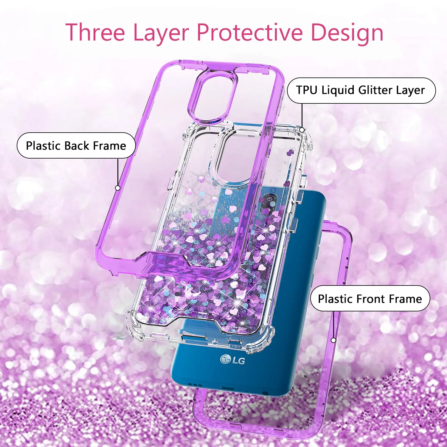 LG Escape Plus/Arena 2/K30 2019 Case,Hard Clear Glitter Sparkle Flowing Liquid Heavy Duty Shockproof Three Layer Protective Bling Girls Women Cases for LG Escape Plus/Arena 2/K30 2019 - Purple