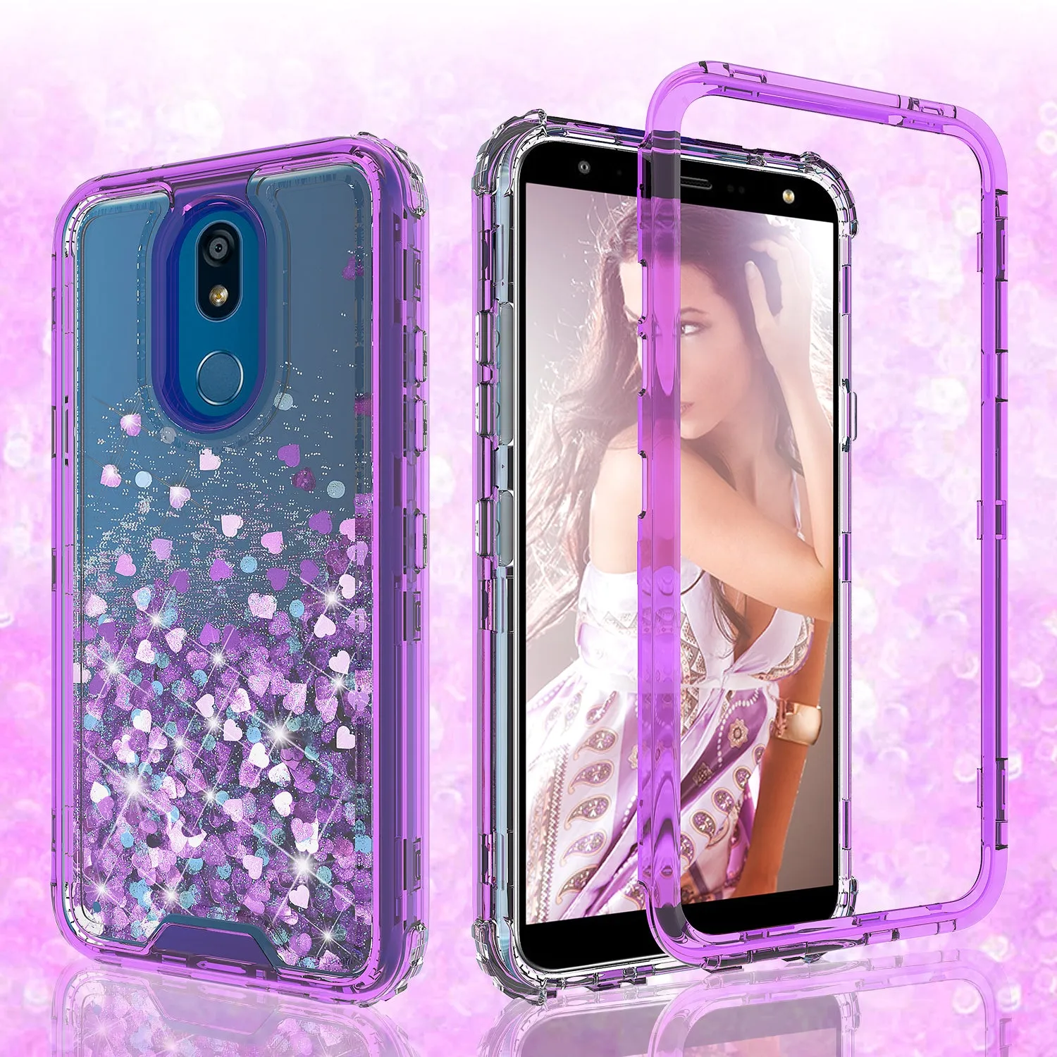 LG Escape Plus/Arena 2/K30 2019 Case,Hard Clear Glitter Sparkle Flowing Liquid Heavy Duty Shockproof Three Layer Protective Bling Girls Women Cases for LG Escape Plus/Arena 2/K30 2019 - Purple