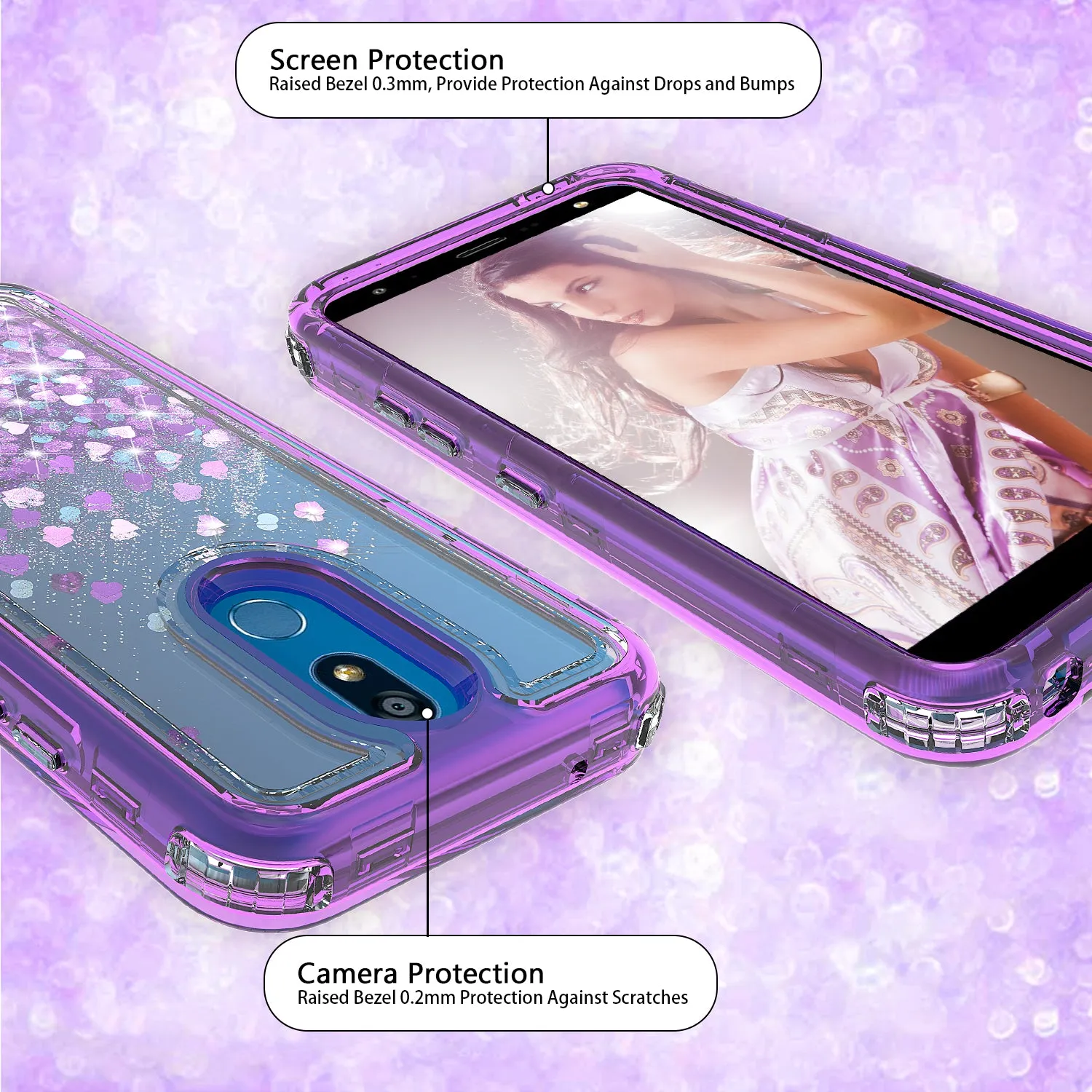 LG Escape Plus/Arena 2/K30 2019 Case,Hard Clear Glitter Sparkle Flowing Liquid Heavy Duty Shockproof Three Layer Protective Bling Girls Women Cases for LG Escape Plus/Arena 2/K30 2019 - Purple
