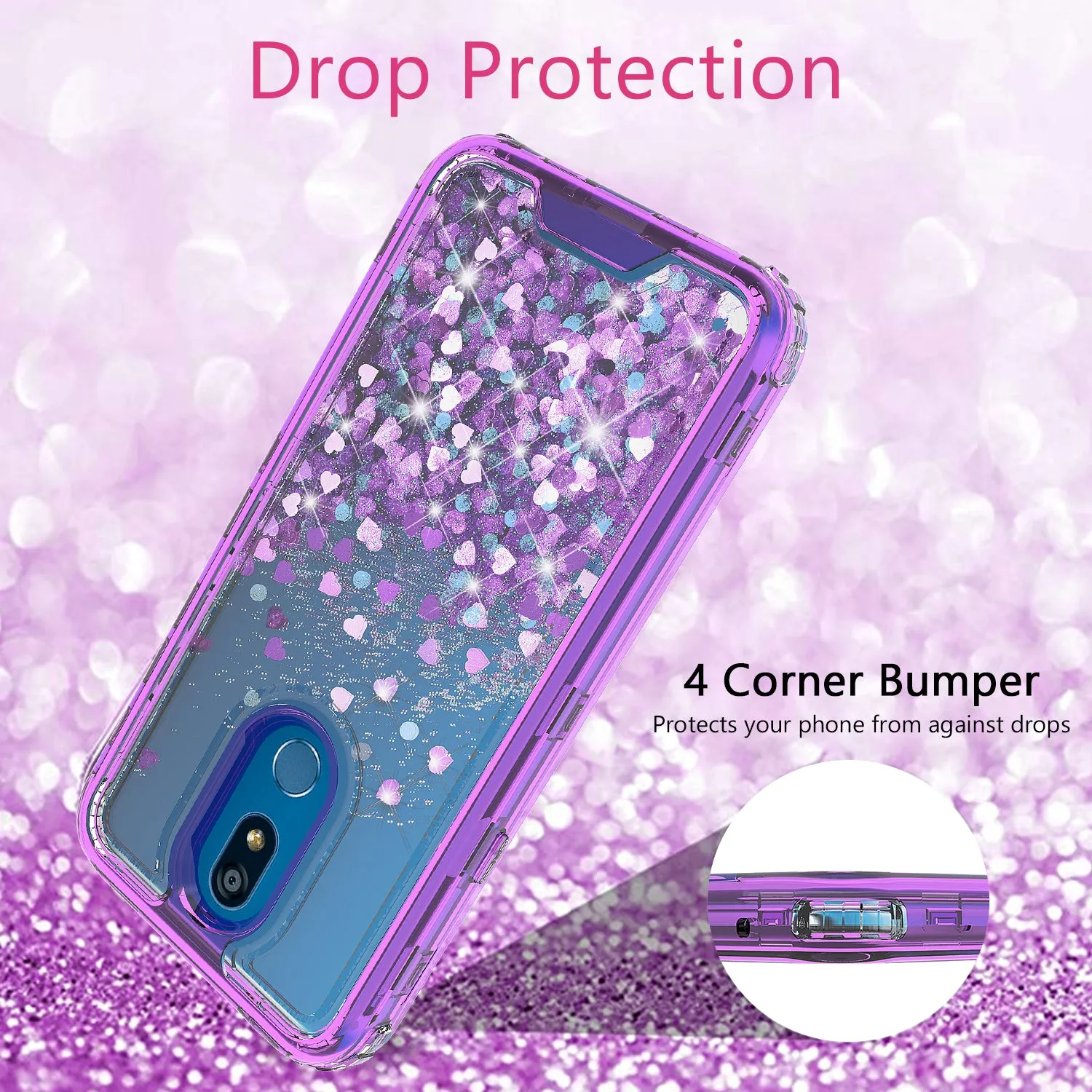 LG Escape Plus/Arena 2/K30 2019 Case,Hard Clear Glitter Sparkle Flowing Liquid Heavy Duty Shockproof Three Layer Protective Bling Girls Women Cases for LG Escape Plus/Arena 2/K30 2019 - Purple