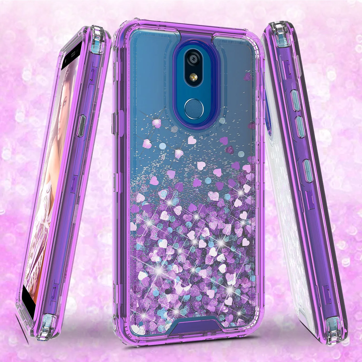 LG Escape Plus/Arena 2/K30 2019 Case,Hard Clear Glitter Sparkle Flowing Liquid Heavy Duty Shockproof Three Layer Protective Bling Girls Women Cases for LG Escape Plus/Arena 2/K30 2019 - Purple