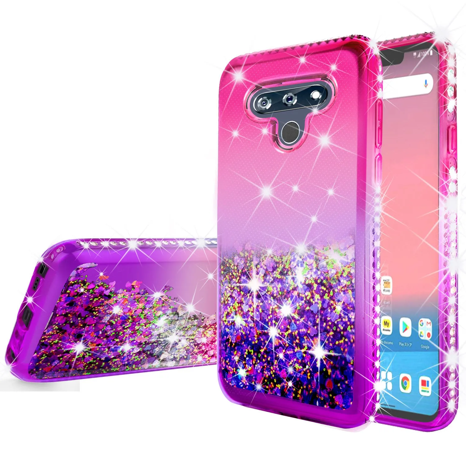 LG K51 Case Liquid Glitter Phone Case Waterfall Floating Quicksand Bling Sparkle Cute Protective Girls Women Cover for LG K51 W/Temper Glass- (Hot Pink/Purple Gradient)