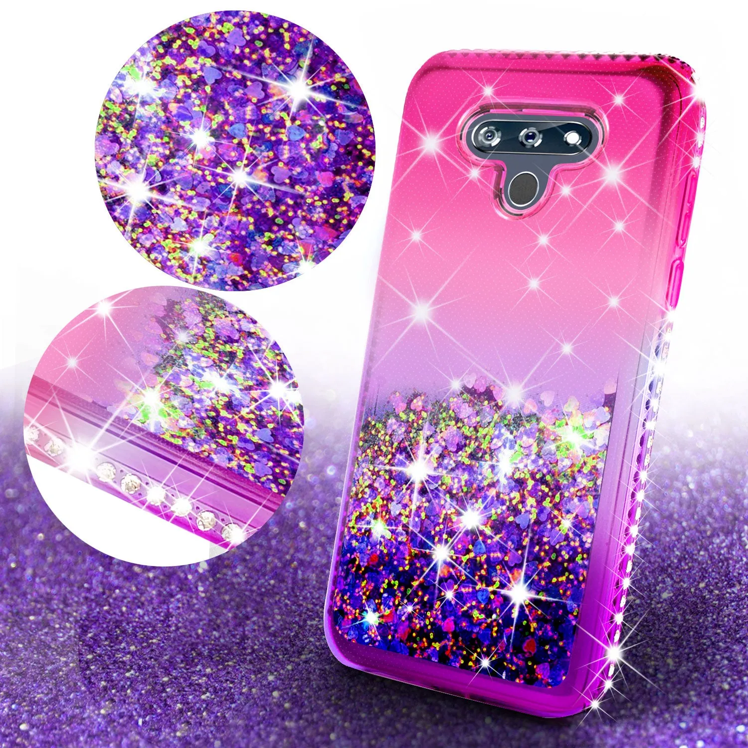 LG K51 Case Liquid Glitter Phone Case Waterfall Floating Quicksand Bling Sparkle Cute Protective Girls Women Cover for LG K51 W/Temper Glass- (Hot Pink/Purple Gradient)