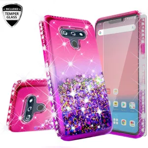 LG K51 Case Liquid Glitter Phone Case Waterfall Floating Quicksand Bling Sparkle Cute Protective Girls Women Cover for LG K51 W/Temper Glass- (Hot Pink/Purple Gradient)