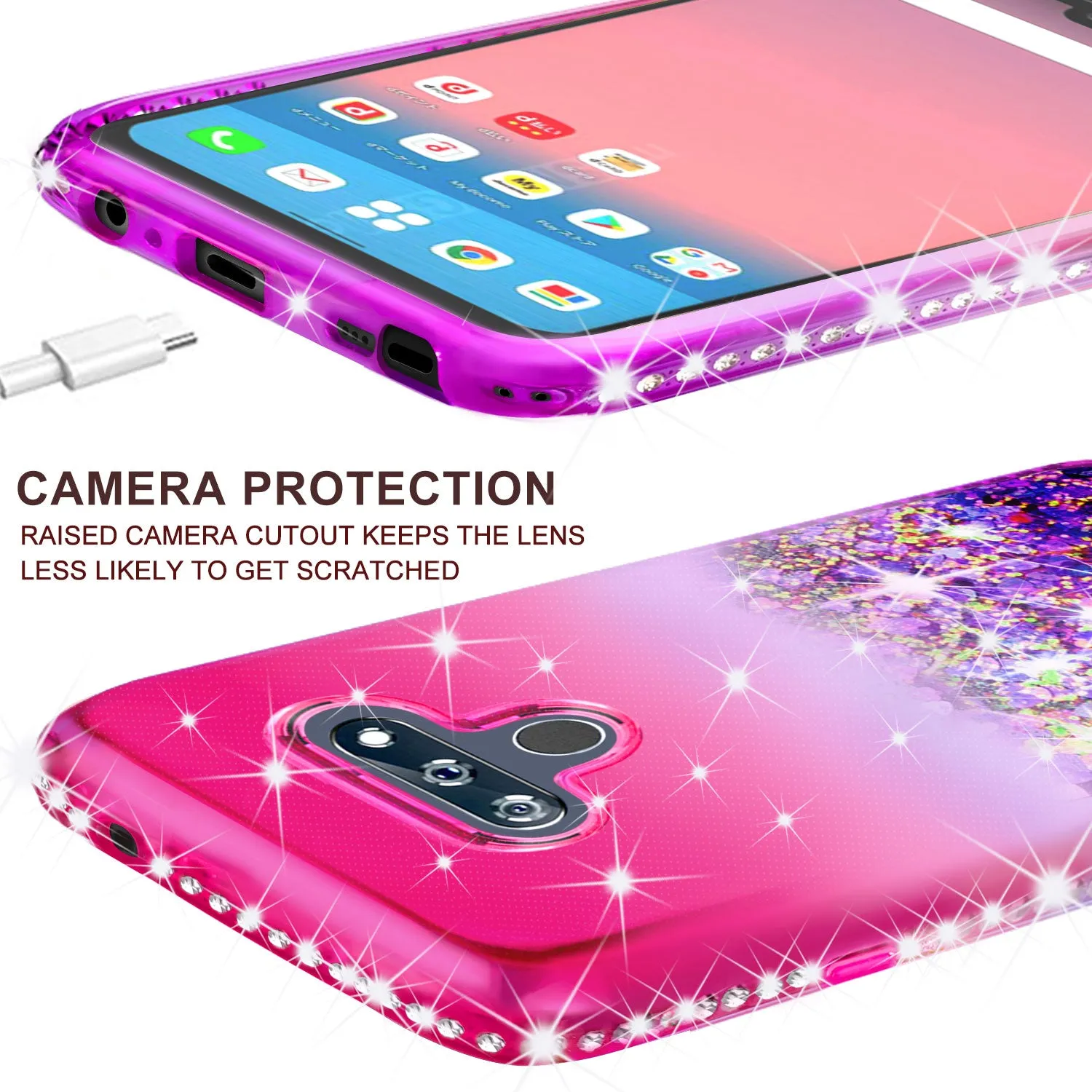 LG K51 Case Liquid Glitter Phone Case Waterfall Floating Quicksand Bling Sparkle Cute Protective Girls Women Cover for LG K51 W/Temper Glass- (Hot Pink/Purple Gradient)