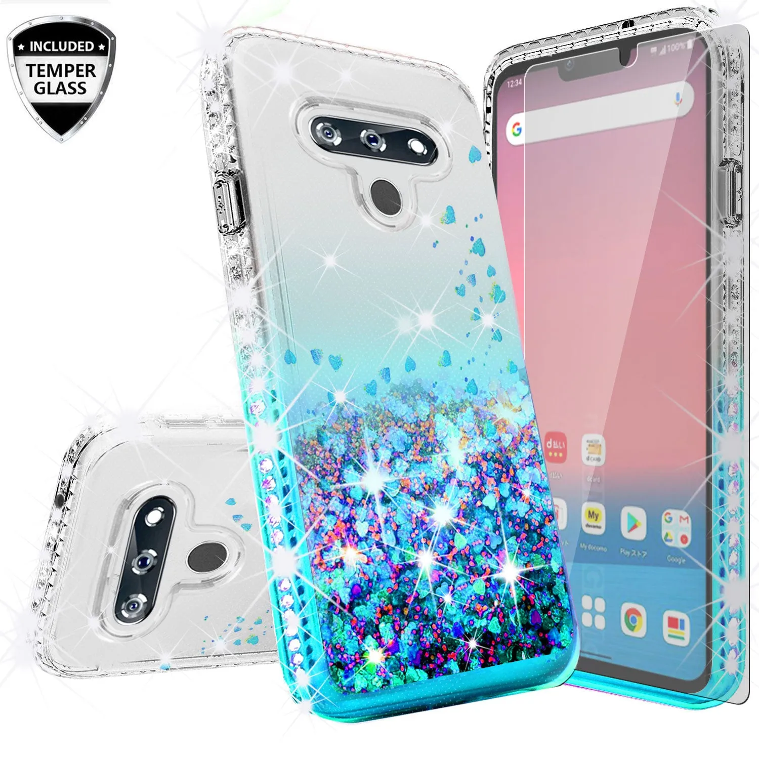 LG K51 Case Liquid Glitter Phone Case Waterfall Floating Quicksand Bling Sparkle Cute Protective Girls Women Cover for LG K51 W/Temper Glass- Teal
