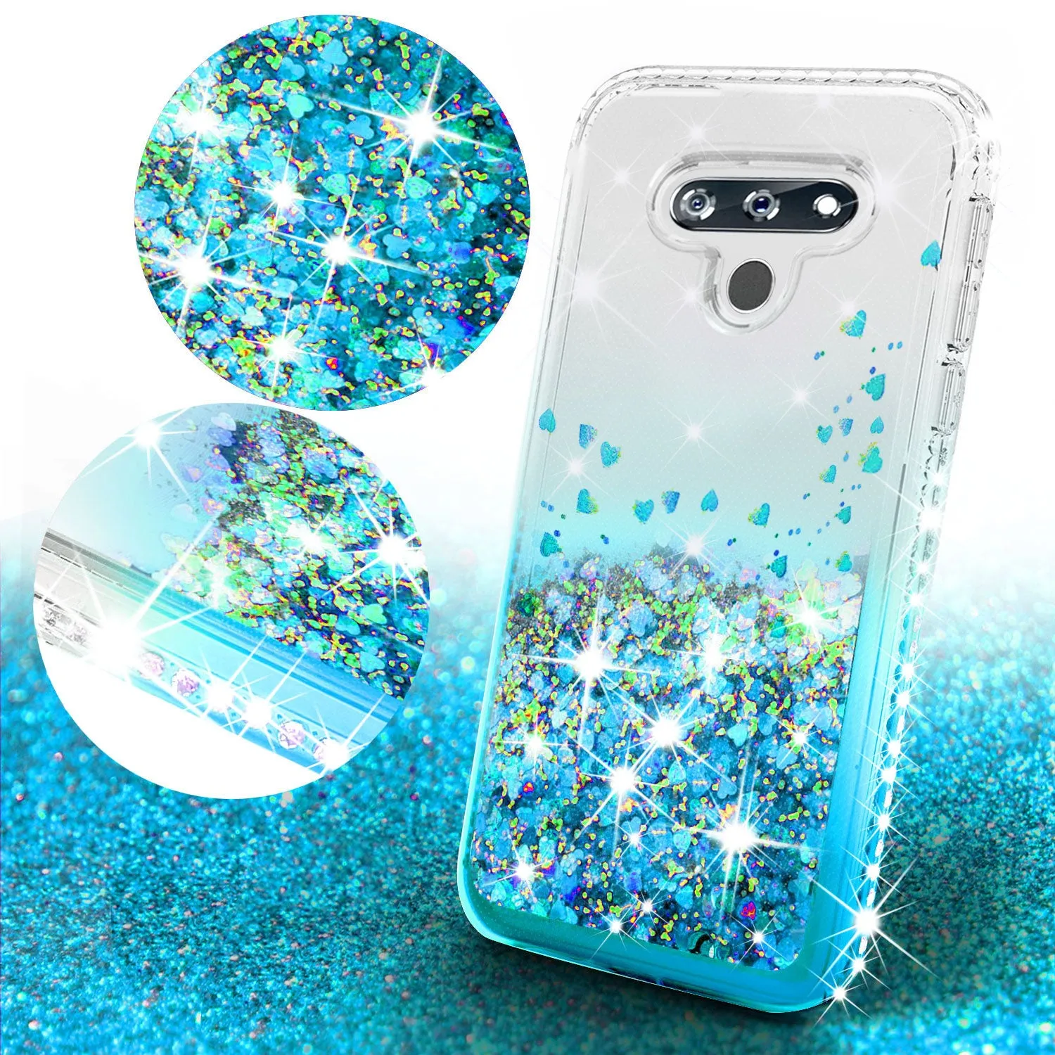 LG K51 Case Liquid Glitter Phone Case Waterfall Floating Quicksand Bling Sparkle Cute Protective Girls Women Cover for LG K51 W/Temper Glass- Teal