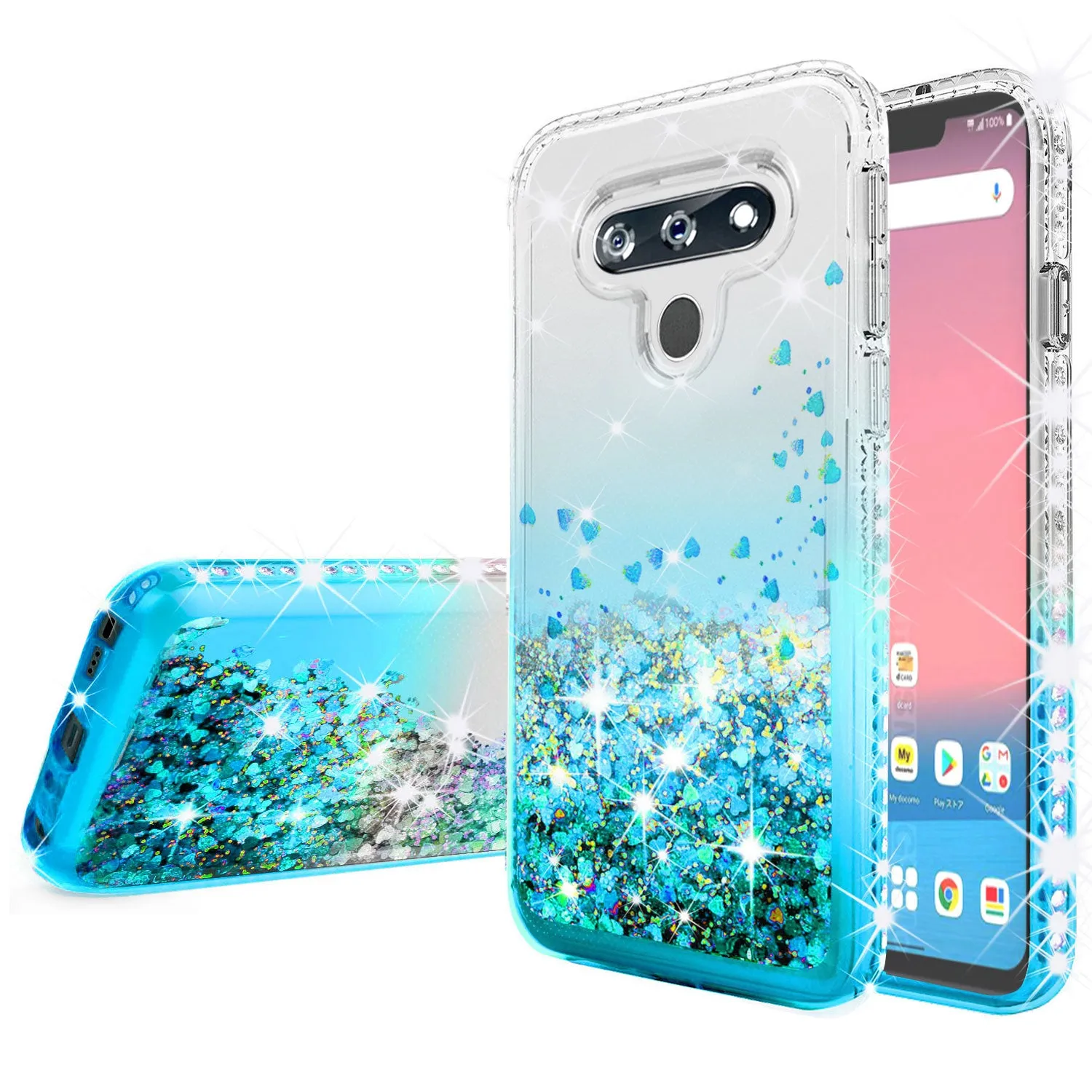 LG K51 Case Liquid Glitter Phone Case Waterfall Floating Quicksand Bling Sparkle Cute Protective Girls Women Cover for LG K51 W/Temper Glass- Teal