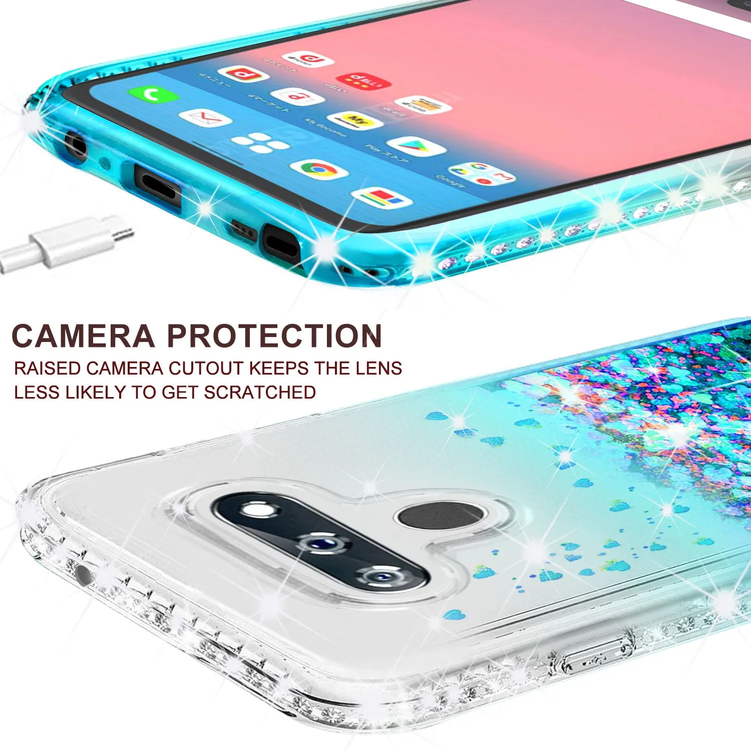 LG K51 Case Liquid Glitter Phone Case Waterfall Floating Quicksand Bling Sparkle Cute Protective Girls Women Cover for LG K51 W/Temper Glass- Teal