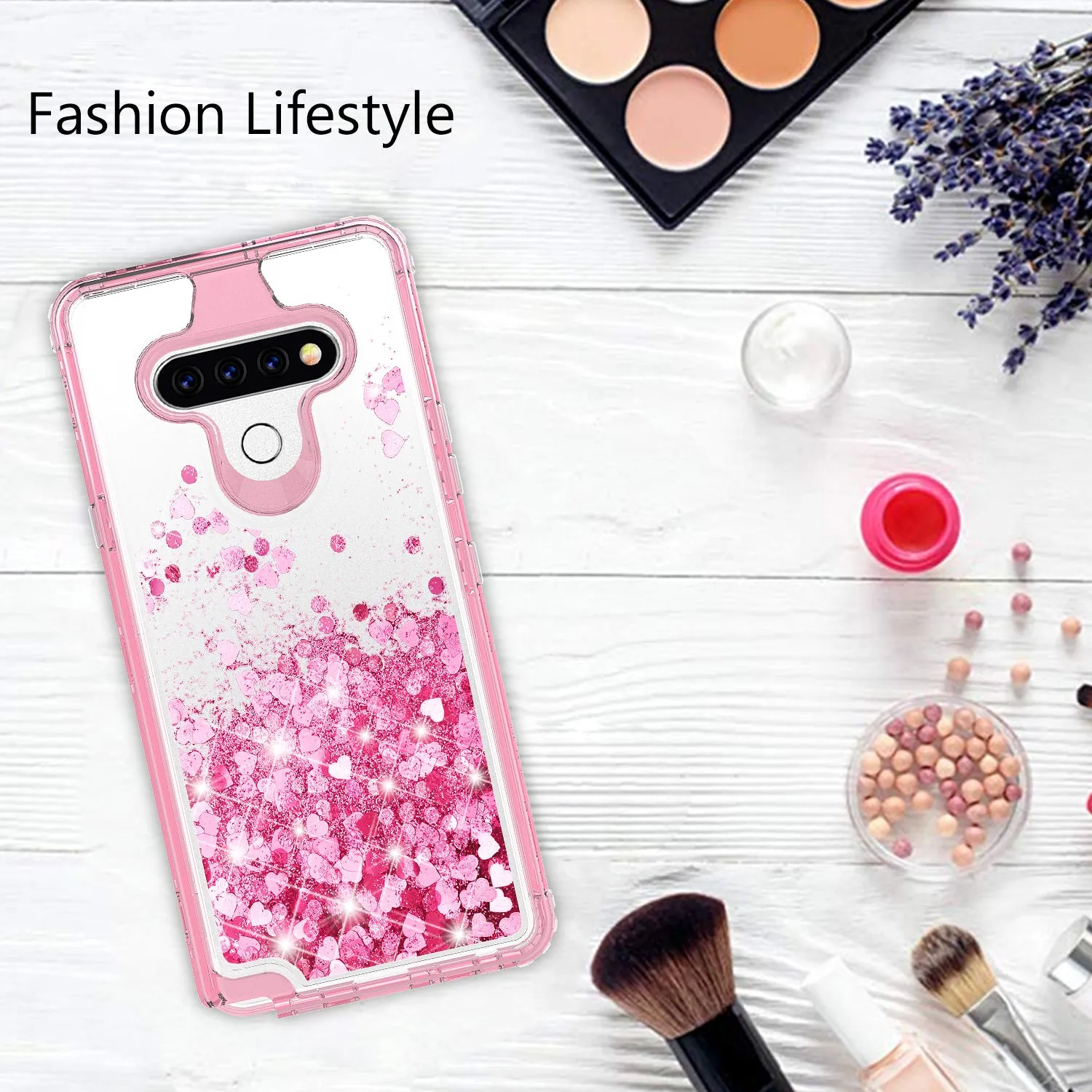 LG K51 Case,Hard Clear Glitter Sparkle Flowing Liquid Heavy Duty Shockproof Three Layer Protective Bling Girls Women Cases for LG K51 - Pink