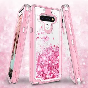 LG K51 Case,Hard Clear Glitter Sparkle Flowing Liquid Heavy Duty Shockproof Three Layer Protective Bling Girls Women Cases for LG K51 - Pink