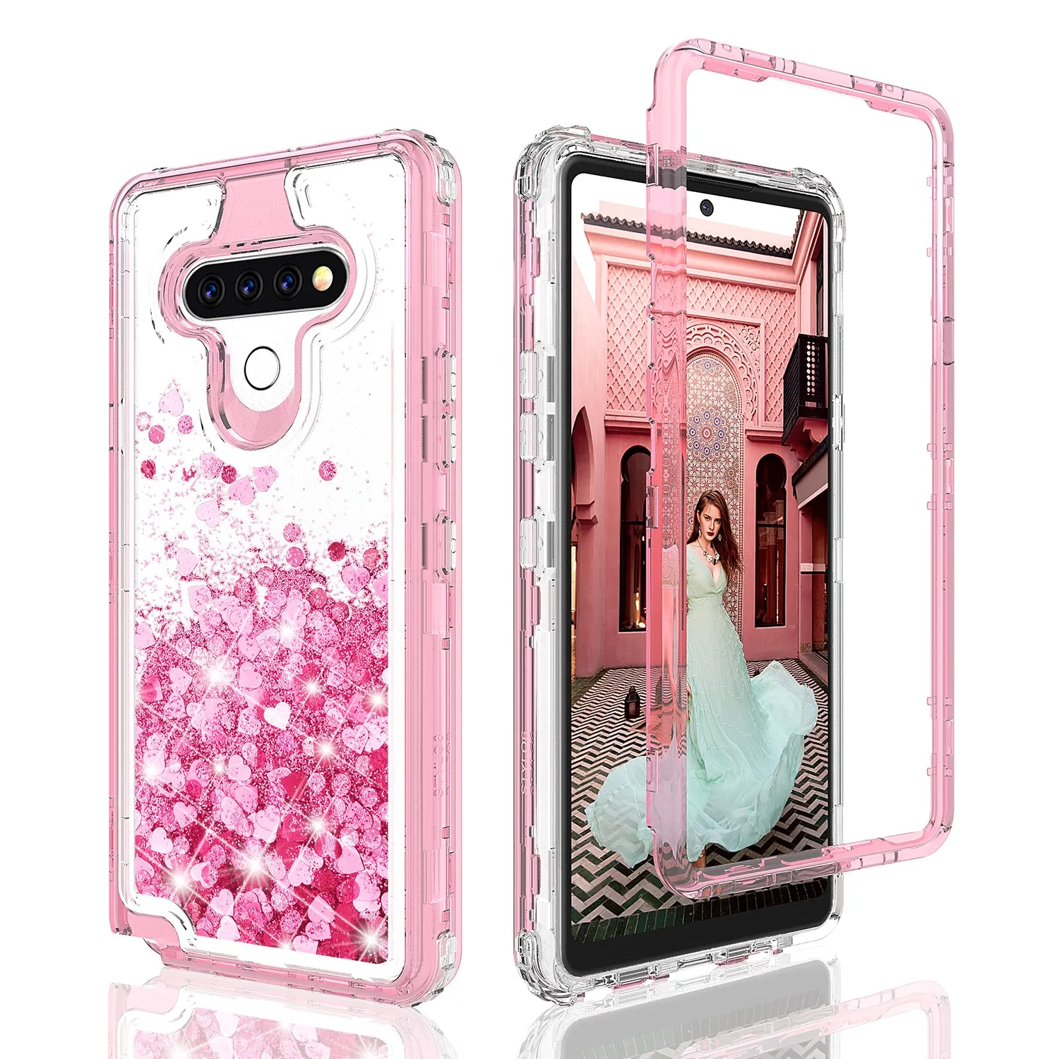 LG K51 Case,Hard Clear Glitter Sparkle Flowing Liquid Heavy Duty Shockproof Three Layer Protective Bling Girls Women Cases for LG K51 - Pink