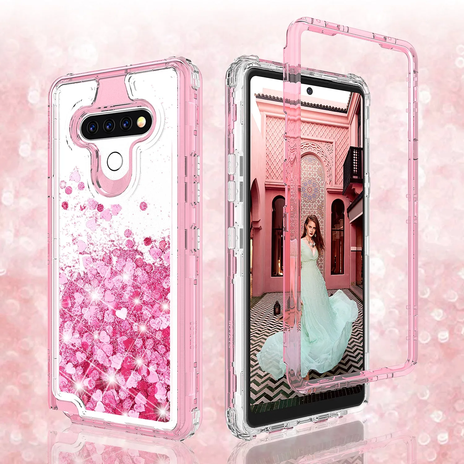 LG K51 Case,Hard Clear Glitter Sparkle Flowing Liquid Heavy Duty Shockproof Three Layer Protective Bling Girls Women Cases for LG K51 - Pink