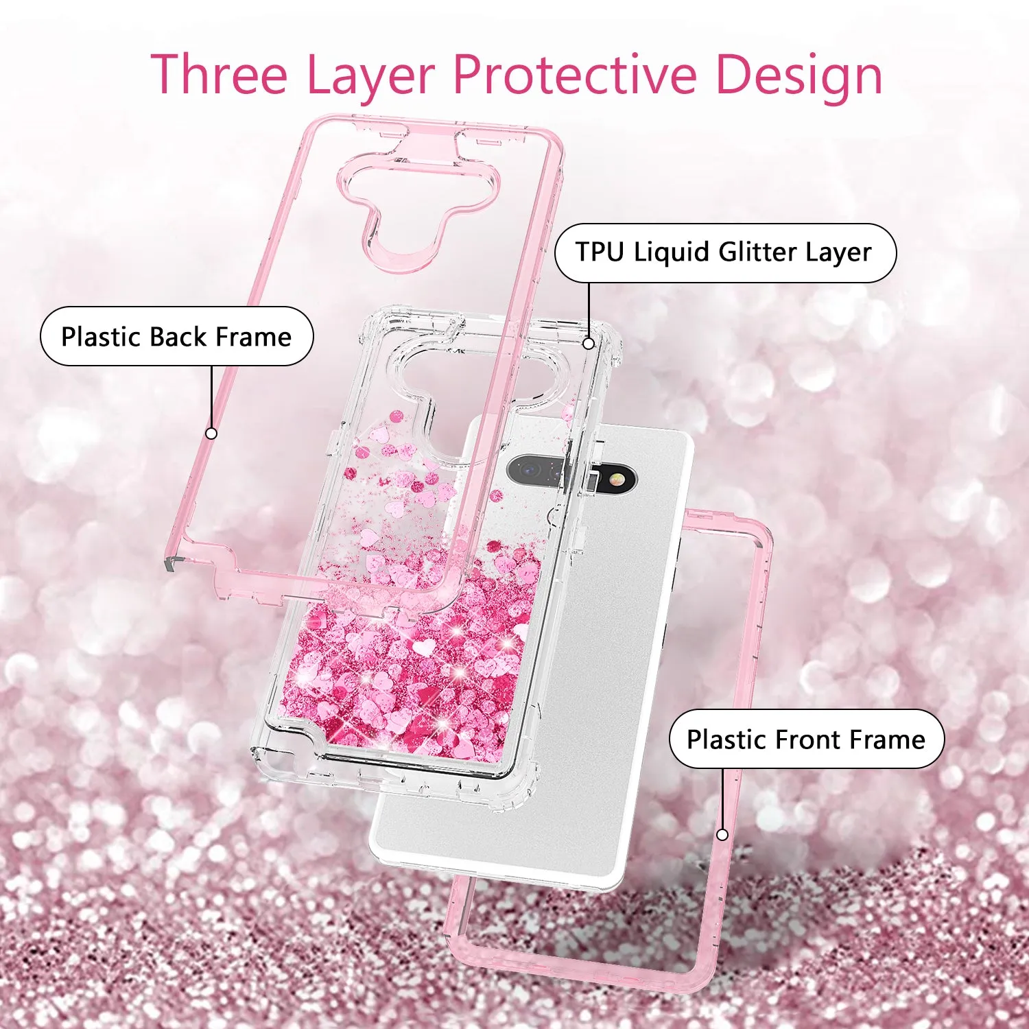 LG K51 Case,Hard Clear Glitter Sparkle Flowing Liquid Heavy Duty Shockproof Three Layer Protective Bling Girls Women Cases for LG K51 - Pink