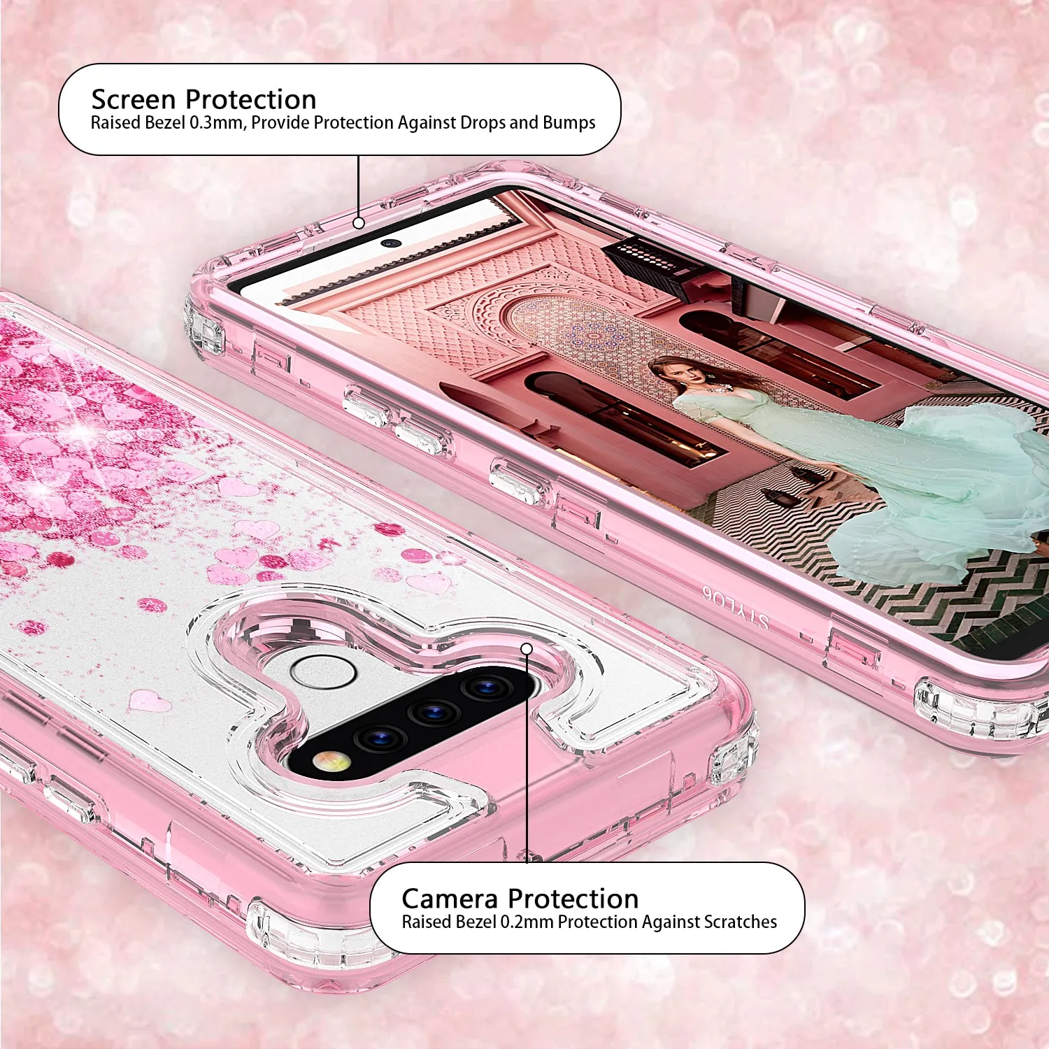 LG K51 Case,Hard Clear Glitter Sparkle Flowing Liquid Heavy Duty Shockproof Three Layer Protective Bling Girls Women Cases for LG K51 - Pink
