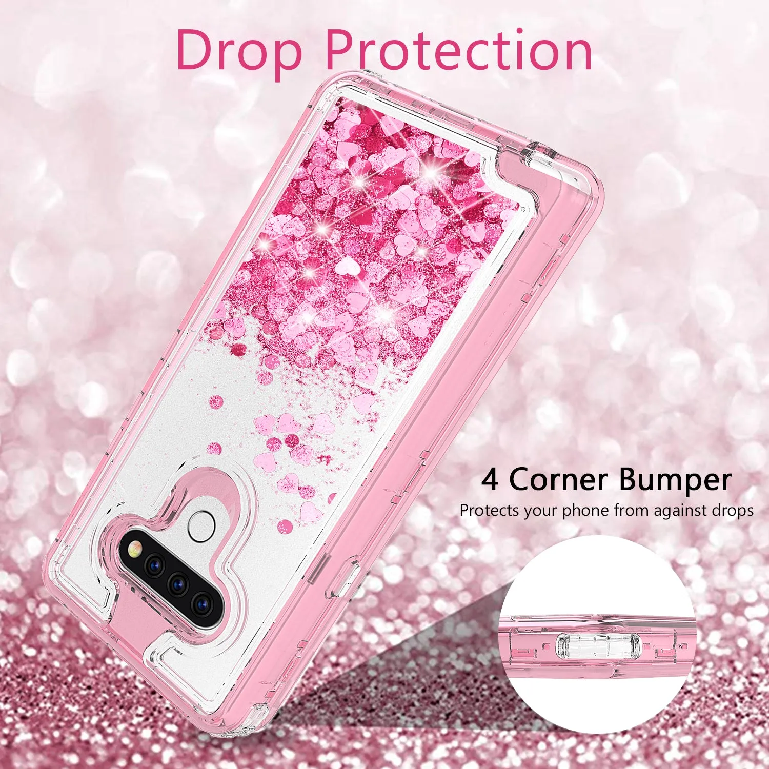 LG K51 Case,Hard Clear Glitter Sparkle Flowing Liquid Heavy Duty Shockproof Three Layer Protective Bling Girls Women Cases for LG K51 - Pink
