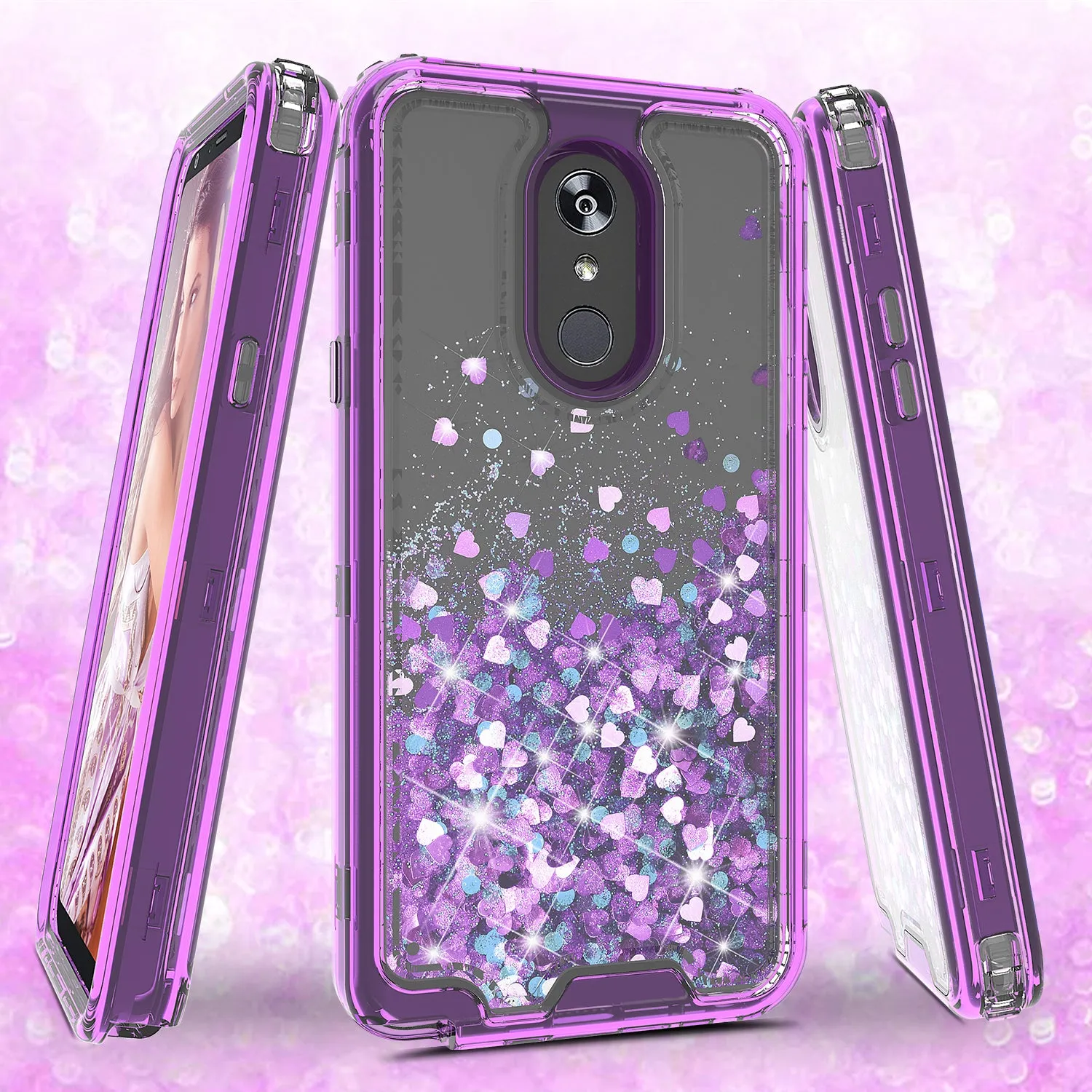 LG Stylo 4 Case, Stylo 4 Plus, Q Stylus Case,Hard Clear Glitter Sparkle Flowing Liquid Heavy Duty Shockproof Three Layer Protective Bling Girls Women Cases for LG Stylo 4 - Purple