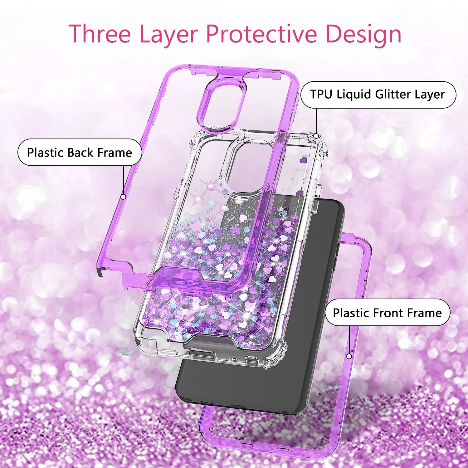 LG Stylo 4 Case, Stylo 4 Plus, Q Stylus Case,Hard Clear Glitter Sparkle Flowing Liquid Heavy Duty Shockproof Three Layer Protective Bling Girls Women Cases for LG Stylo 4 - Purple