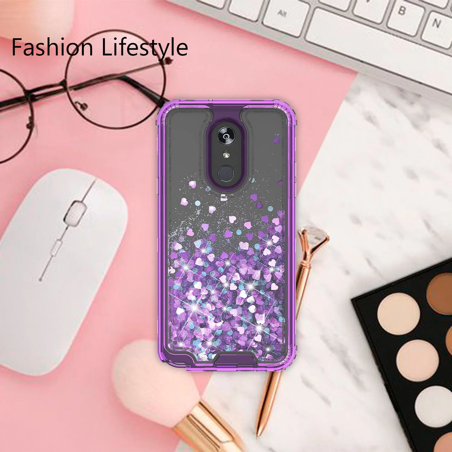 LG Stylo 4 Case, Stylo 4 Plus, Q Stylus Case,Hard Clear Glitter Sparkle Flowing Liquid Heavy Duty Shockproof Three Layer Protective Bling Girls Women Cases for LG Stylo 4 - Purple