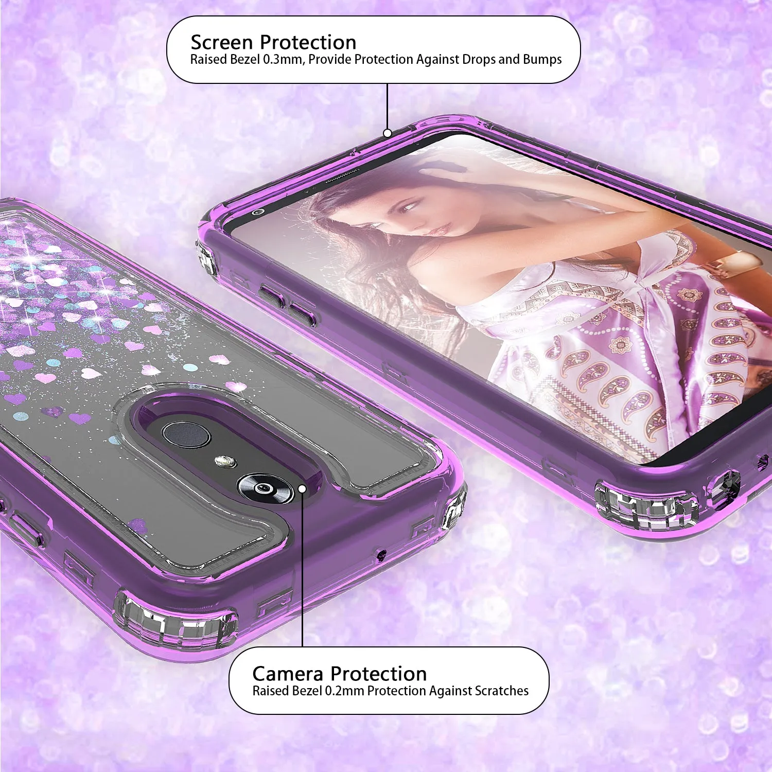LG Stylo 4 Case, Stylo 4 Plus, Q Stylus Case,Hard Clear Glitter Sparkle Flowing Liquid Heavy Duty Shockproof Three Layer Protective Bling Girls Women Cases for LG Stylo 4 - Purple