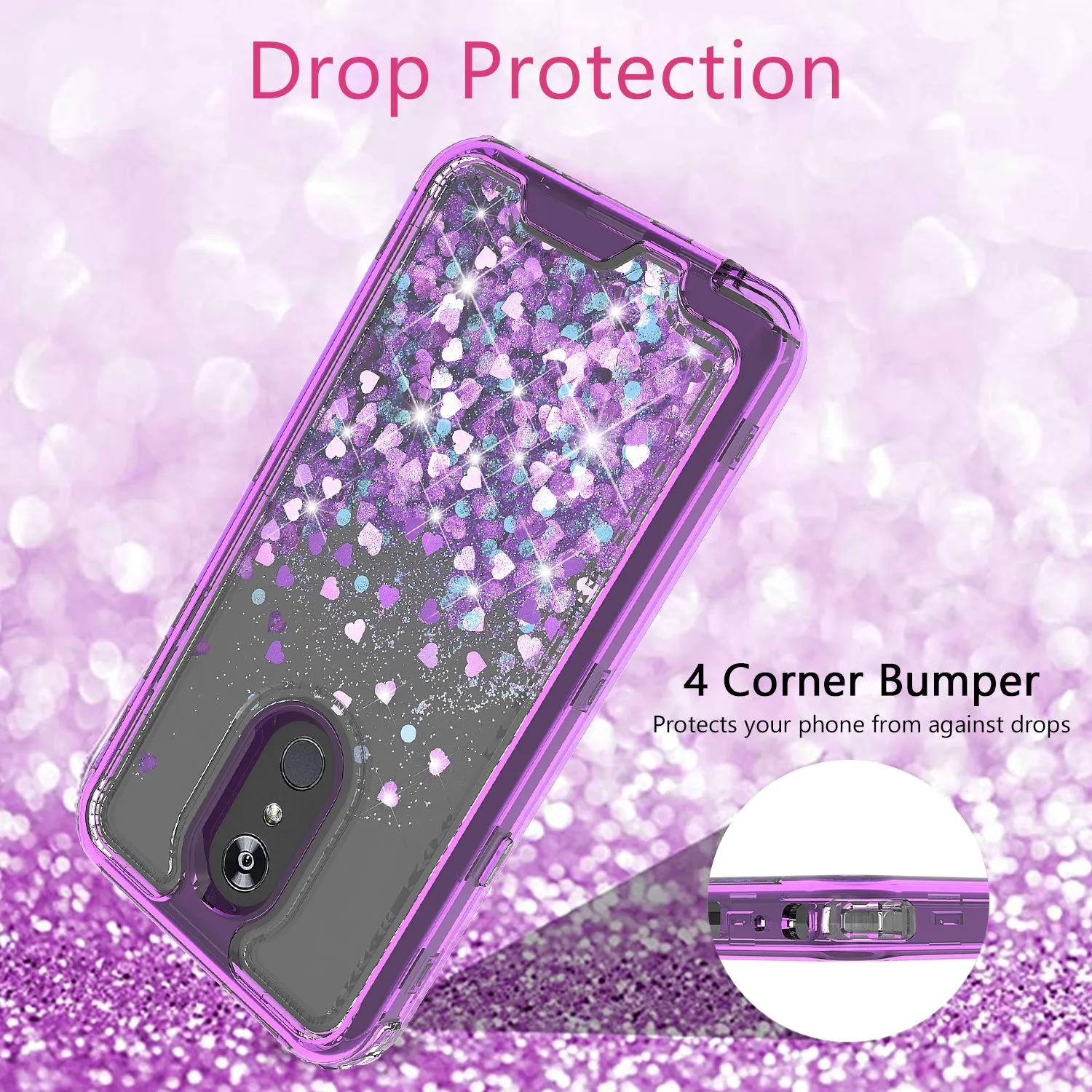 LG Stylo 4 Case, Stylo 4 Plus, Q Stylus Case,Hard Clear Glitter Sparkle Flowing Liquid Heavy Duty Shockproof Three Layer Protective Bling Girls Women Cases for LG Stylo 4 - Purple