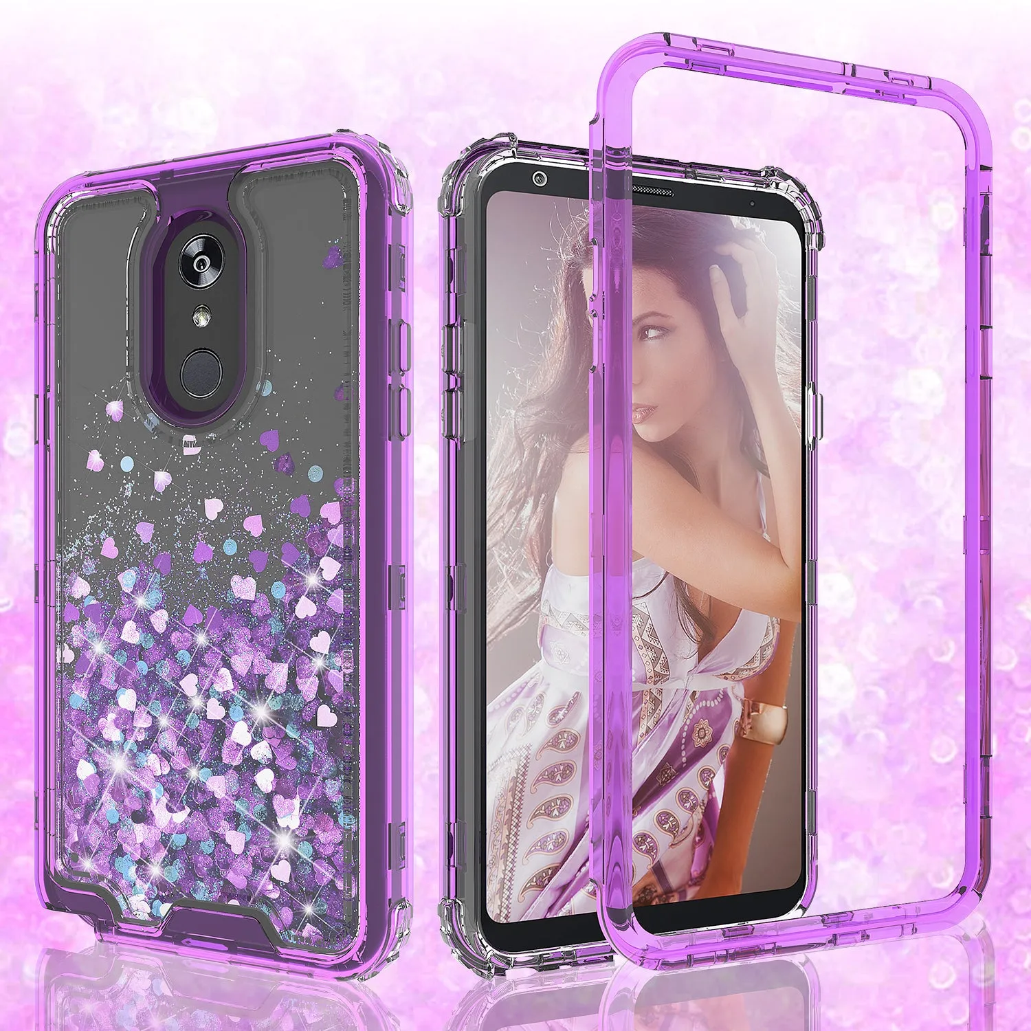 LG Stylo 4 Case, Stylo 4 Plus, Q Stylus Case,Hard Clear Glitter Sparkle Flowing Liquid Heavy Duty Shockproof Three Layer Protective Bling Girls Women Cases for LG Stylo 4 - Purple