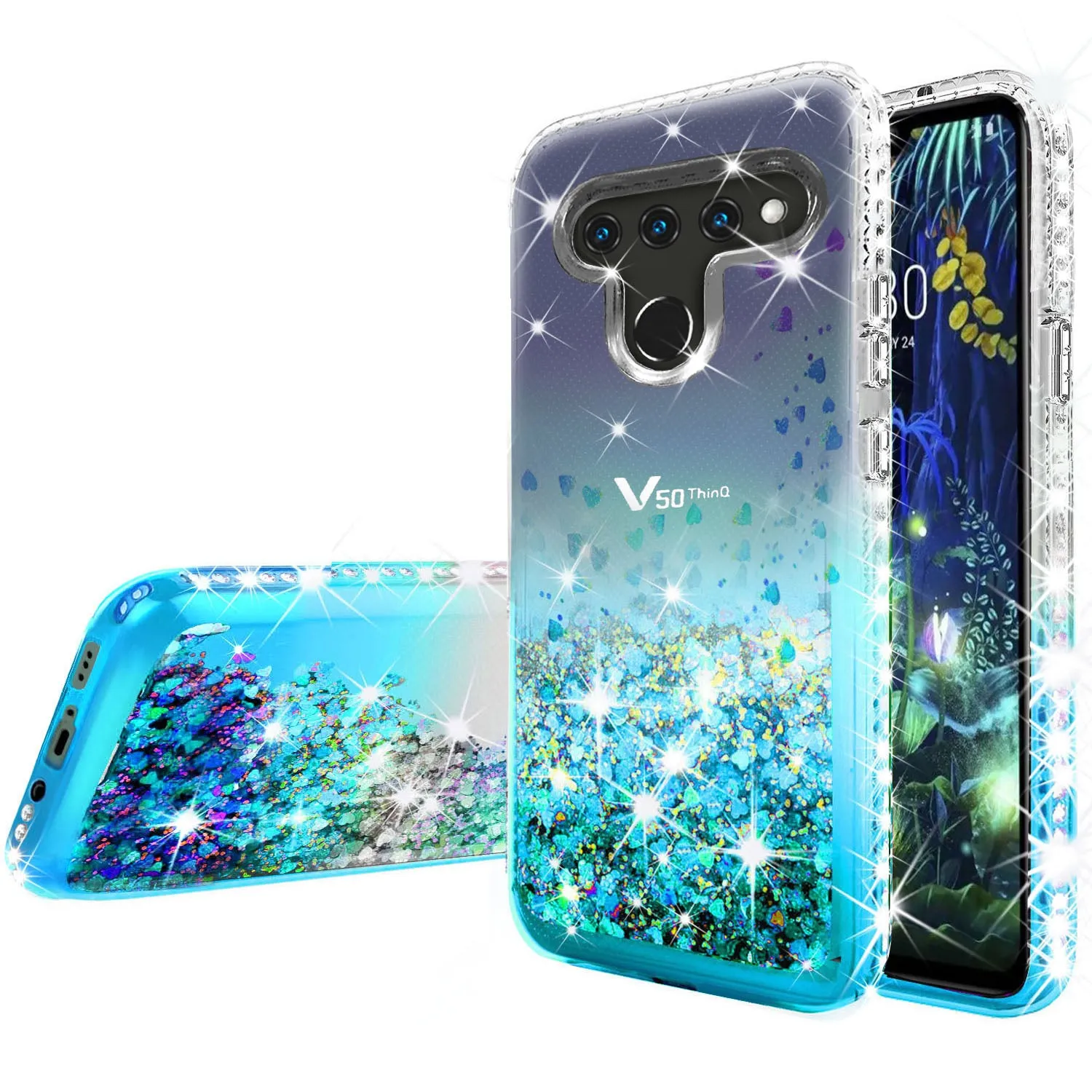 LG V50 ThinQ 5G / V50 ThinQ Case Liquid Glitter Phone Case Waterfall Floating Quicksand Bling Sparkle Cute Protective Girls Women Cover for V50 ThinQ 5G - Teal