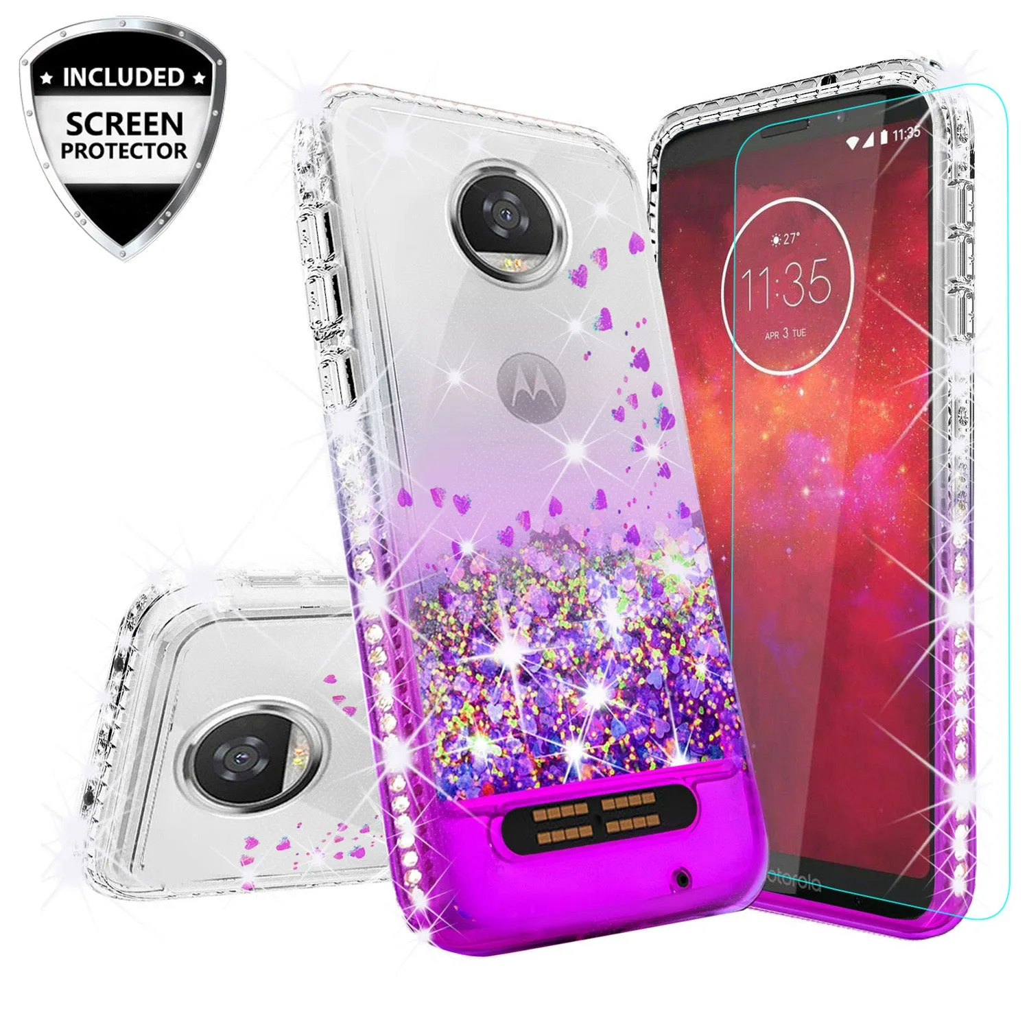 Motorola Moto Z2 Play Case Liquid Glitter Phone Case Waterfall Floating Quicksand Bling Sparkle Cute Protective Girls Women Cover with Temper Glass for Moto Z2 Play - Purple