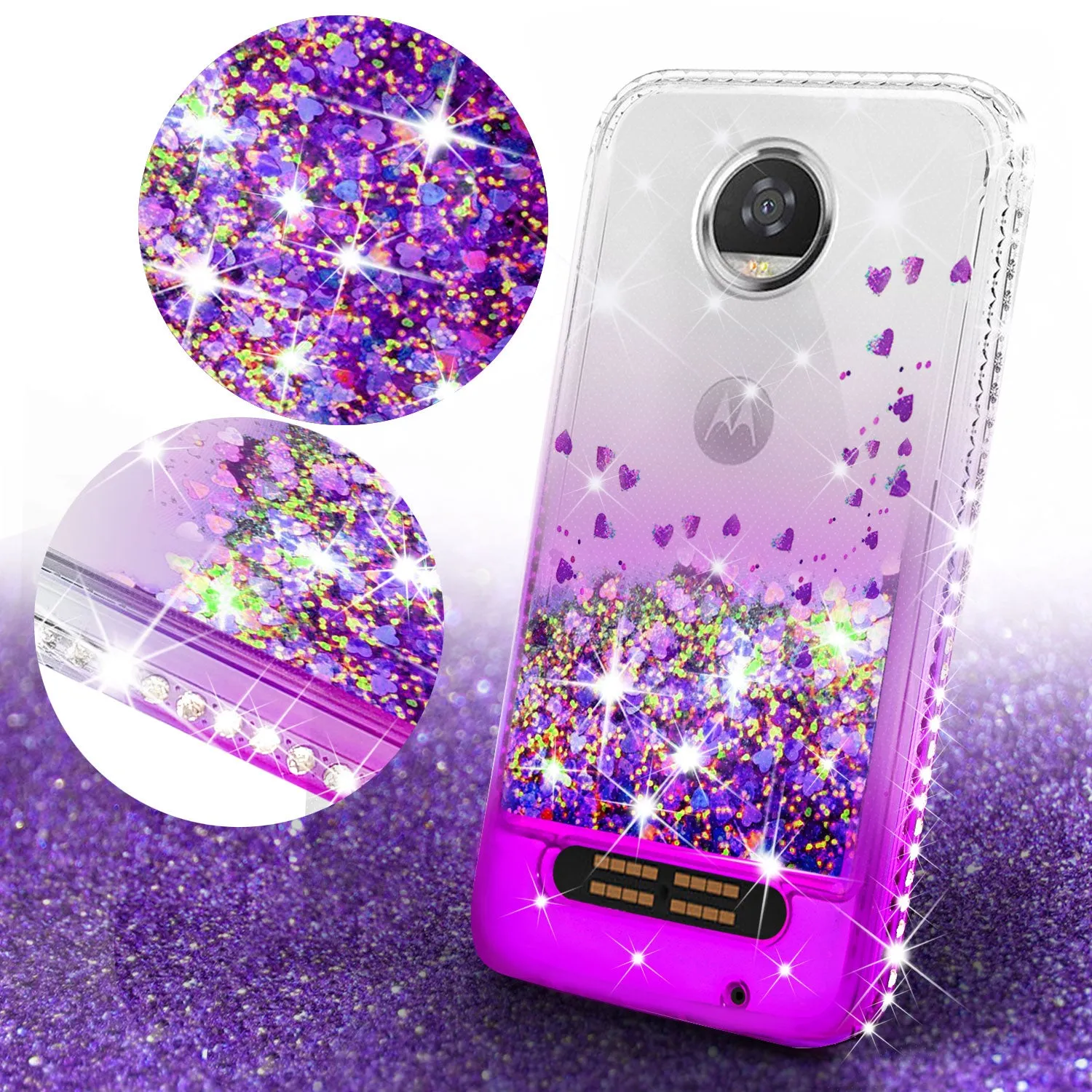 Motorola Moto Z2 Play Case Liquid Glitter Phone Case Waterfall Floating Quicksand Bling Sparkle Cute Protective Girls Women Cover with Temper Glass for Moto Z2 Play - Purple