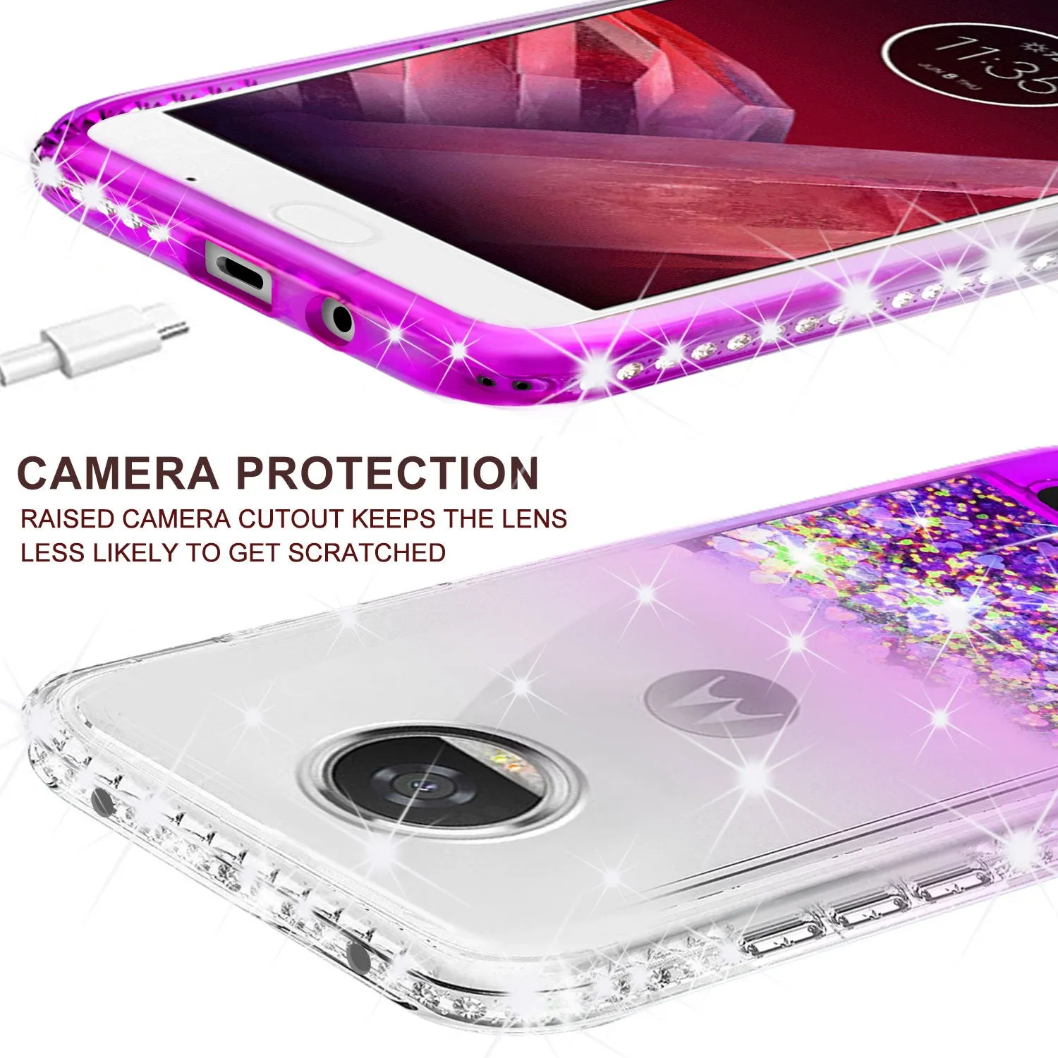 Motorola Moto Z2 Play Case Liquid Glitter Phone Case Waterfall Floating Quicksand Bling Sparkle Cute Protective Girls Women Cover with Temper Glass for Moto Z2 Play - Purple
