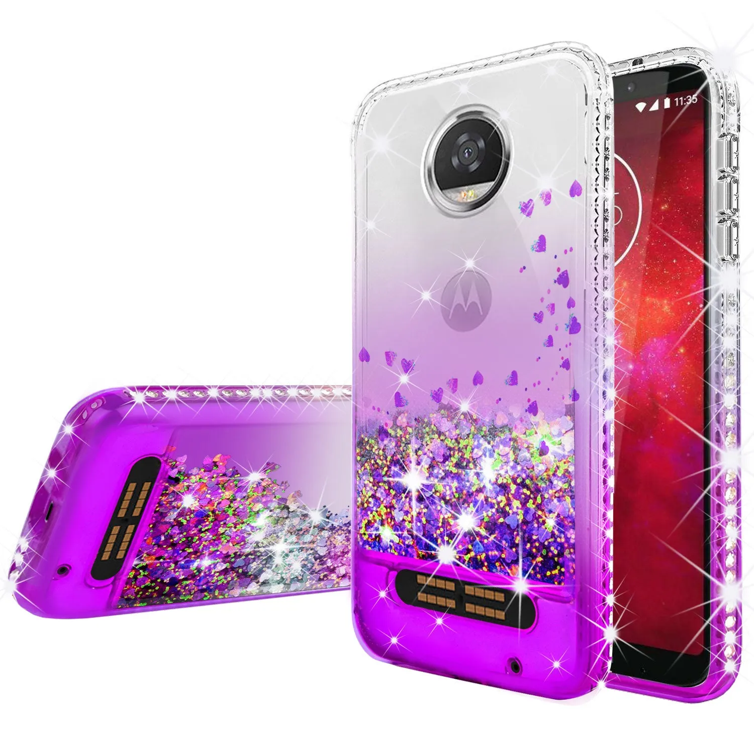 Motorola Moto Z2 Play Case Liquid Glitter Phone Case Waterfall Floating Quicksand Bling Sparkle Cute Protective Girls Women Cover with Temper Glass for Moto Z2 Play - Purple