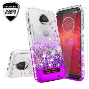 Motorola Moto Z2 Play Case Liquid Glitter Phone Case Waterfall Floating Quicksand Bling Sparkle Cute Protective Girls Women Cover with Temper Glass for Moto Z2 Play - Purple
