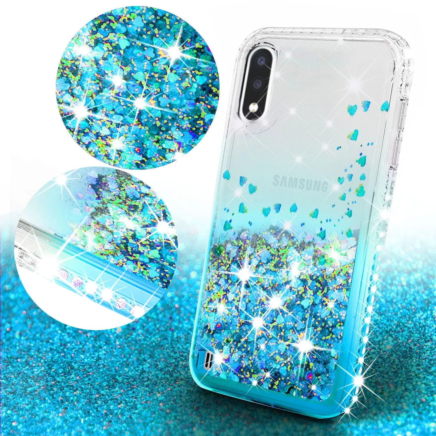 Samsung Galaxy A01 Case Liquid Glitter Phone Case Waterfall Floating Quicksand Bling Sparkle Cute Protective Girls Women Cover for Samsung Galaxy A01 W/Temper Glass - Teal