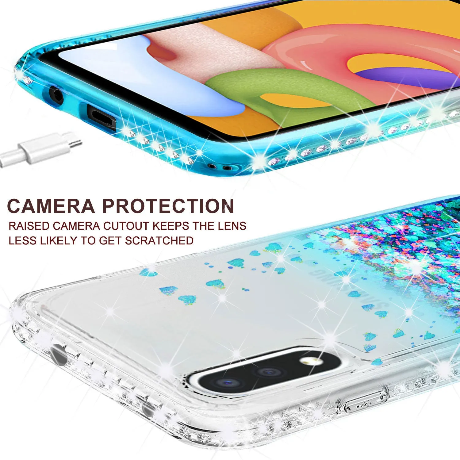Samsung Galaxy A01 Case Liquid Glitter Phone Case Waterfall Floating Quicksand Bling Sparkle Cute Protective Girls Women Cover for Samsung Galaxy A01 W/Temper Glass - Teal