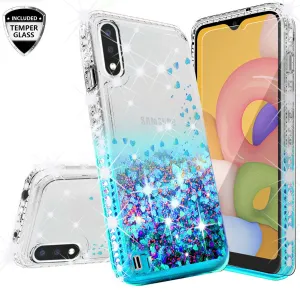 Samsung Galaxy A01 Case Liquid Glitter Phone Case Waterfall Floating Quicksand Bling Sparkle Cute Protective Girls Women Cover for Samsung Galaxy A01 W/Temper Glass - Teal