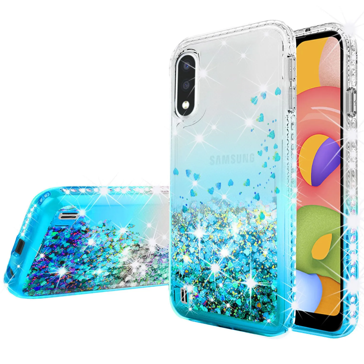 Samsung Galaxy A01 Case Liquid Glitter Phone Case Waterfall Floating Quicksand Bling Sparkle Cute Protective Girls Women Cover for Samsung Galaxy A01 W/Temper Glass - Teal