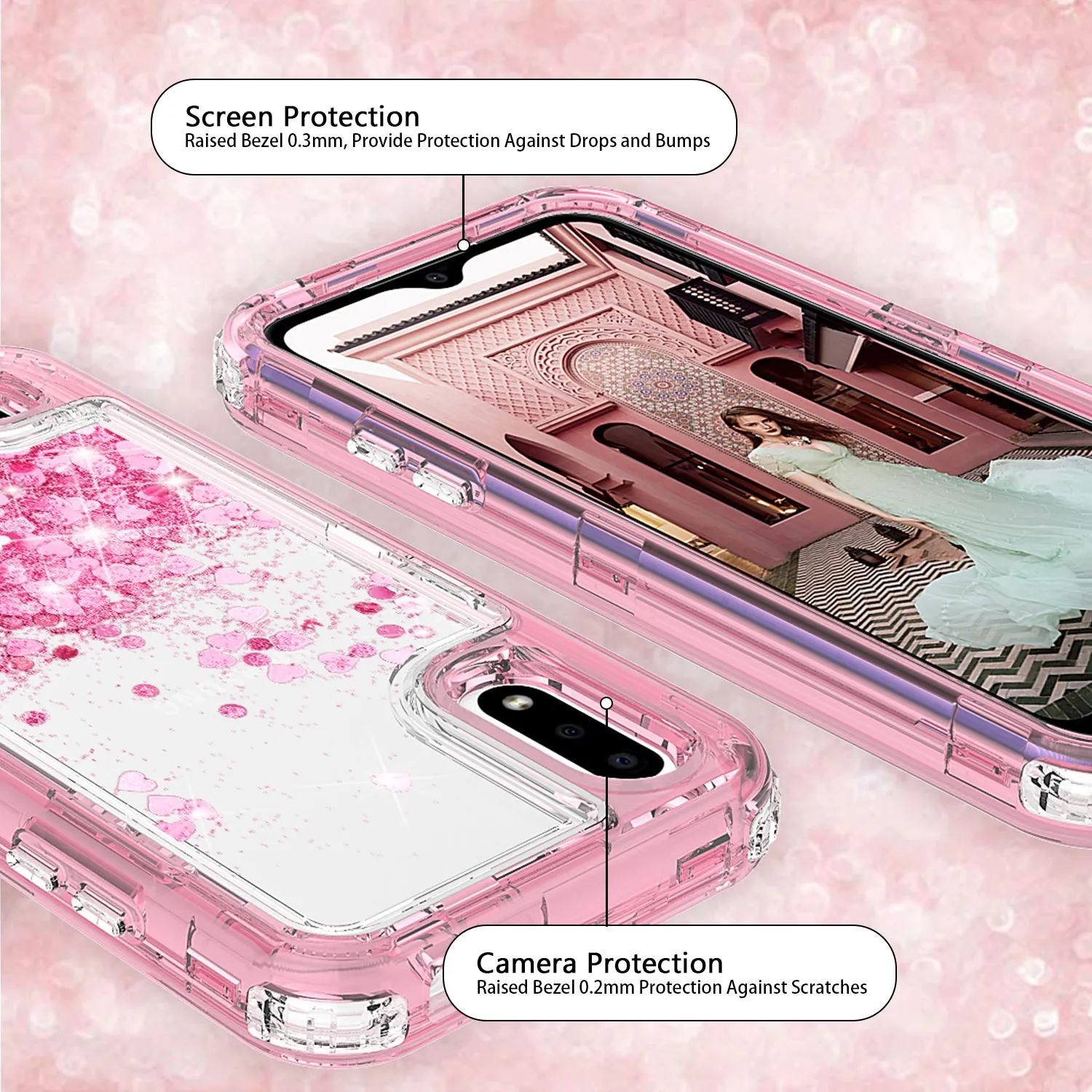 Samsung Galaxy A01 Case,Hard Clear Glitter Sparkle Flowing Liquid Heavy Duty Shockproof Three Layer Protective Bling Girls Women Cases for Samsung Galaxy A01 - Pink