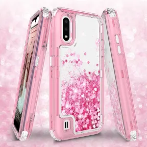 Samsung Galaxy A01 Case,Hard Clear Glitter Sparkle Flowing Liquid Heavy Duty Shockproof Three Layer Protective Bling Girls Women Cases for Samsung Galaxy A01 - Pink