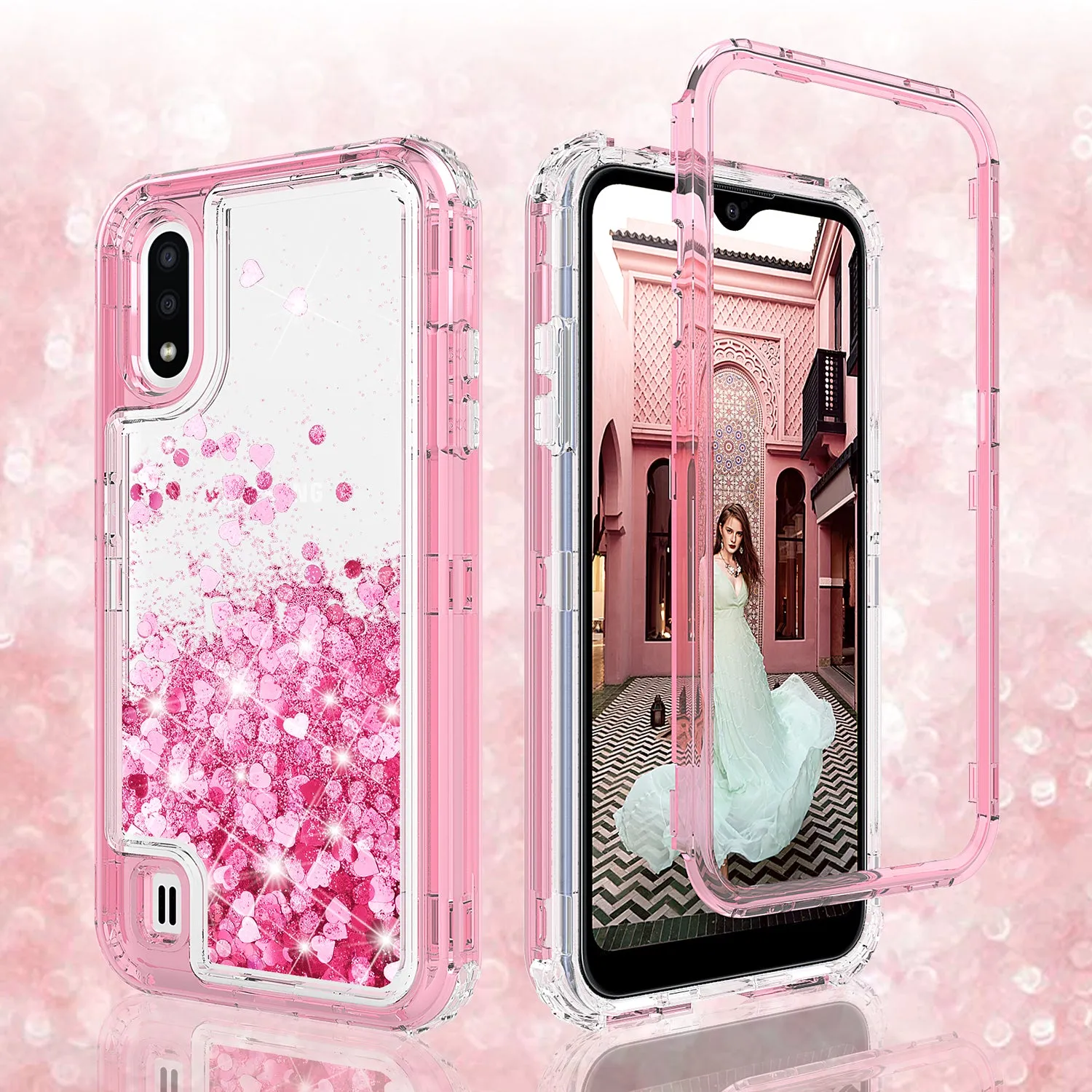 Samsung Galaxy A01 Case,Hard Clear Glitter Sparkle Flowing Liquid Heavy Duty Shockproof Three Layer Protective Bling Girls Women Cases for Samsung Galaxy A01 - Pink