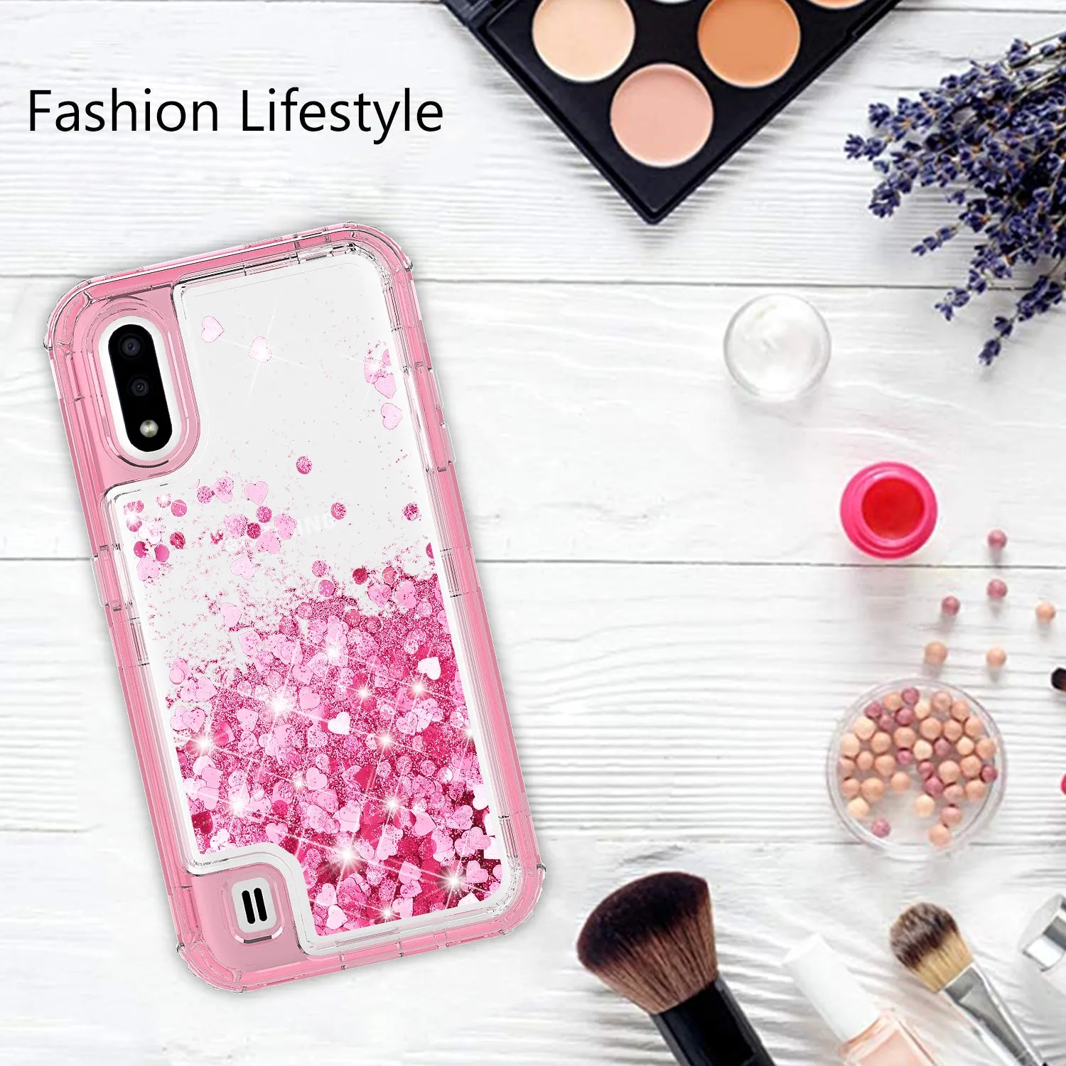 Samsung Galaxy A01 Case,Hard Clear Glitter Sparkle Flowing Liquid Heavy Duty Shockproof Three Layer Protective Bling Girls Women Cases for Samsung Galaxy A01 - Pink